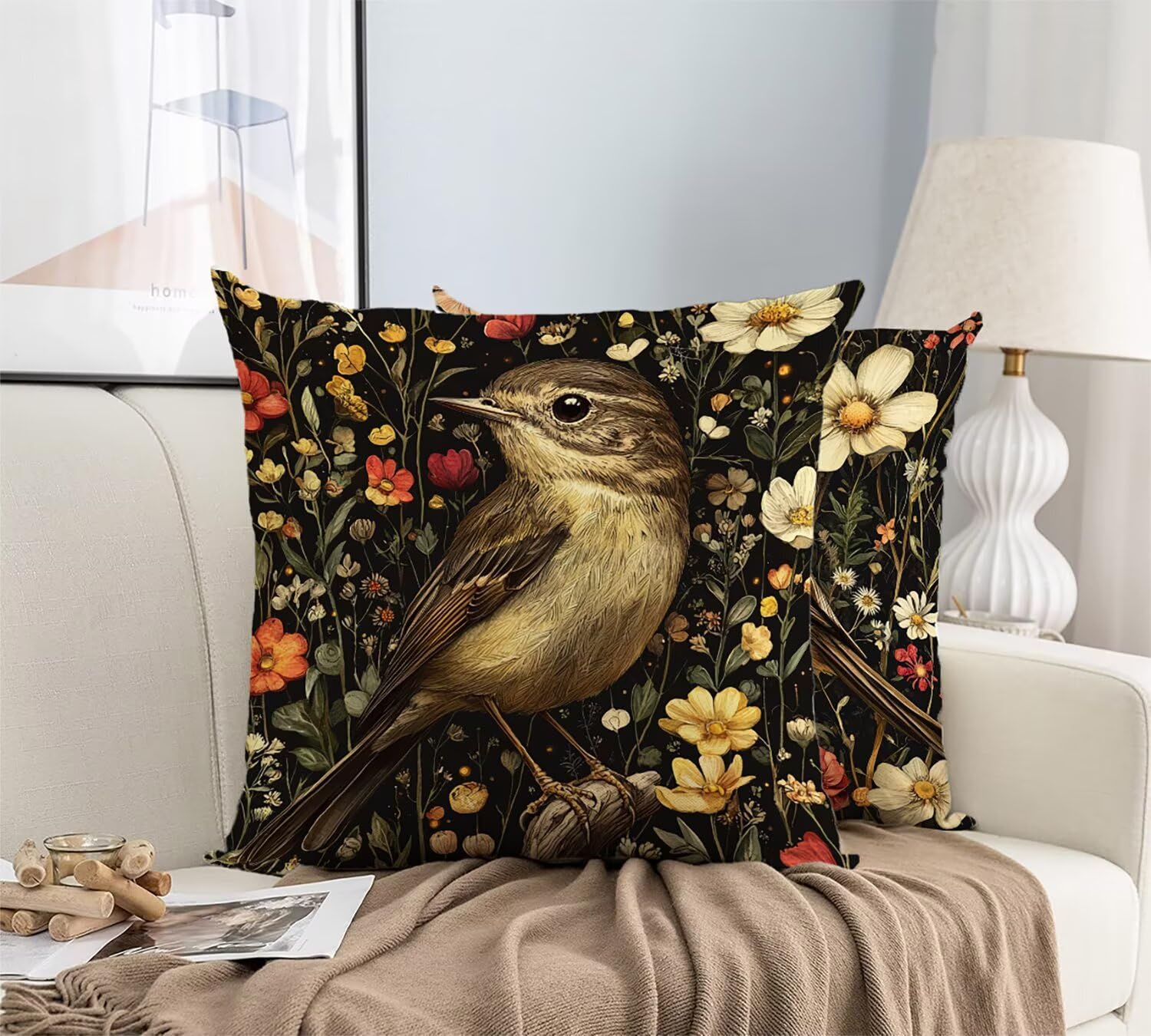 Housse coussin exterieur 60x60cm lot de 2 carre oiseau lin pour canape et decoration jardin