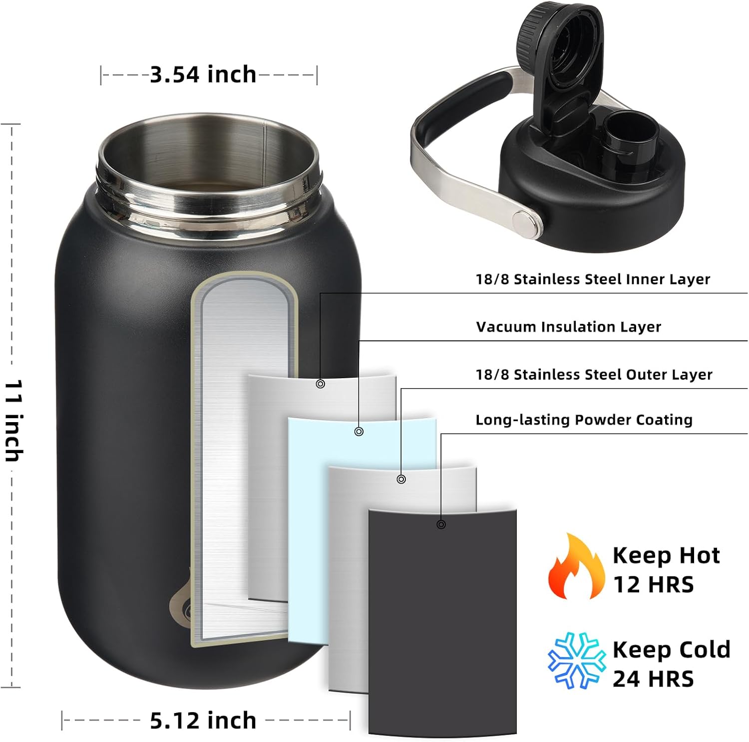 BJPKPK Half Gallon Insulated Water Bottles, 64oz Water Jug with Metal Handle & BPA Free Spout Lid, Dishwasher Safe Flasks, Large Stainless Steel Gym Sport Jugs, Black - Image 3