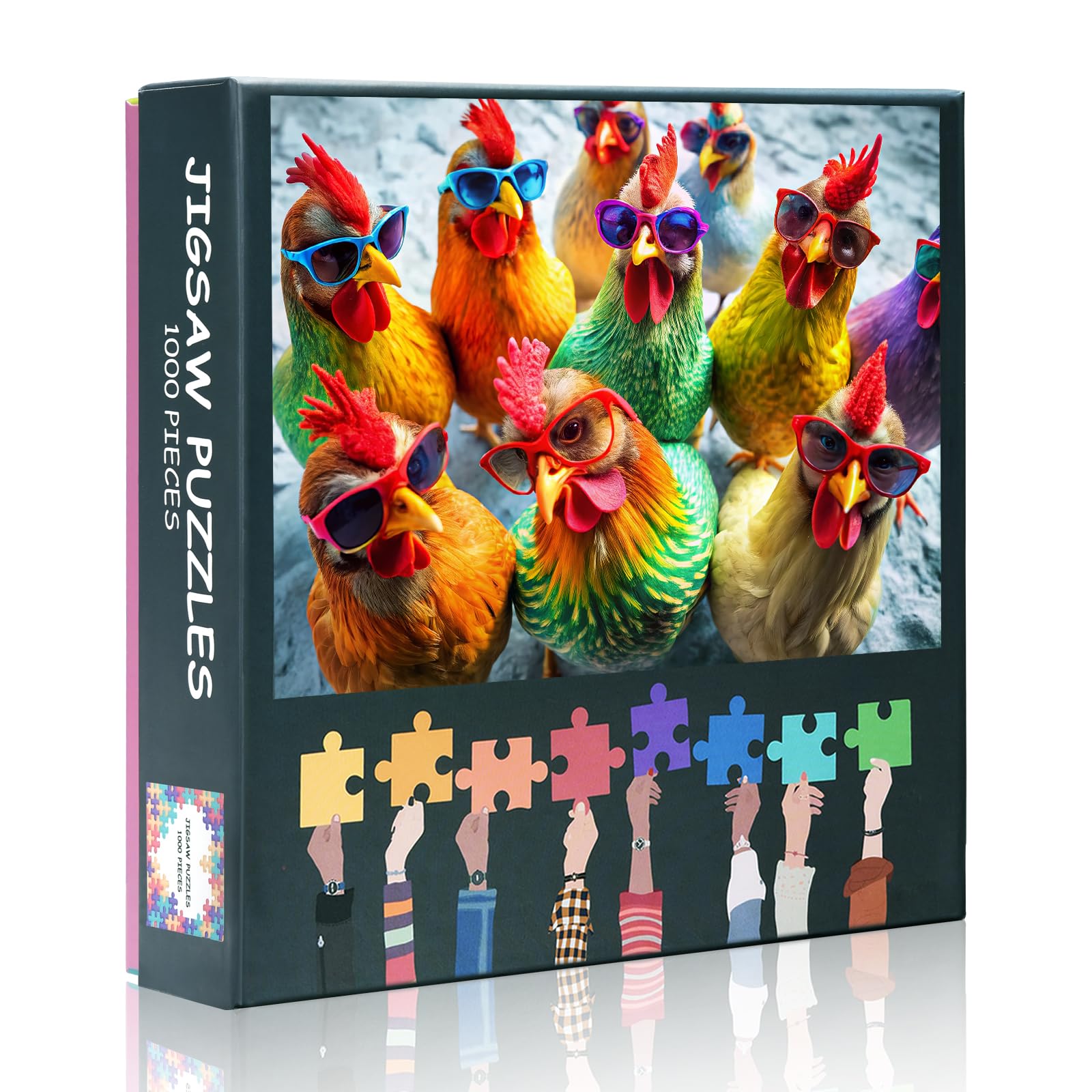 Jigsaw Puzzles 1000-Pieces, Whimsical Chickens in Retro Sunglasses, 20x28 Inch Farm Animal Photography Art for Adults & Teens