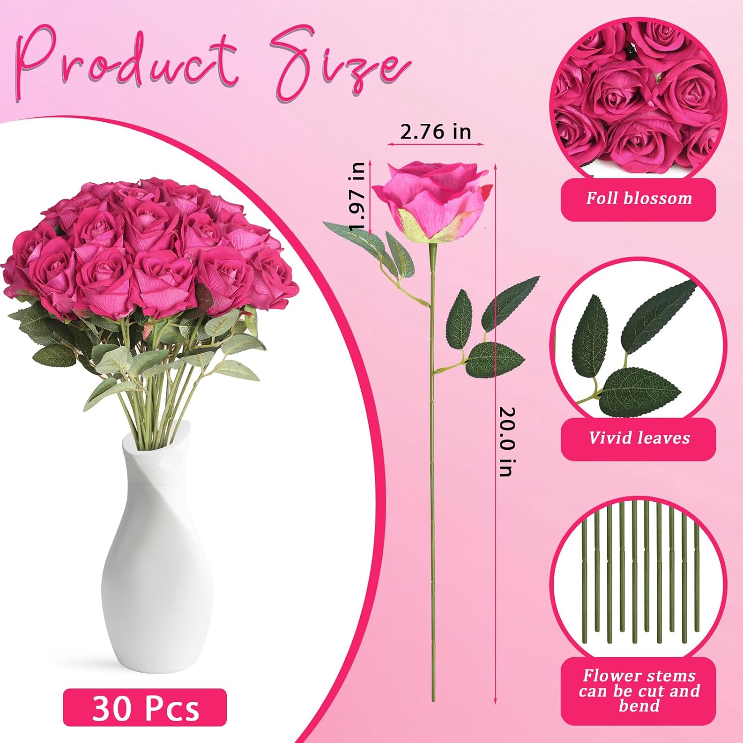 30pcs Silk Roses Artificial Flowers Hot Pink Fake Rose with Long Stem for Arrangement Wedding Party Home Decoration - Image 2
