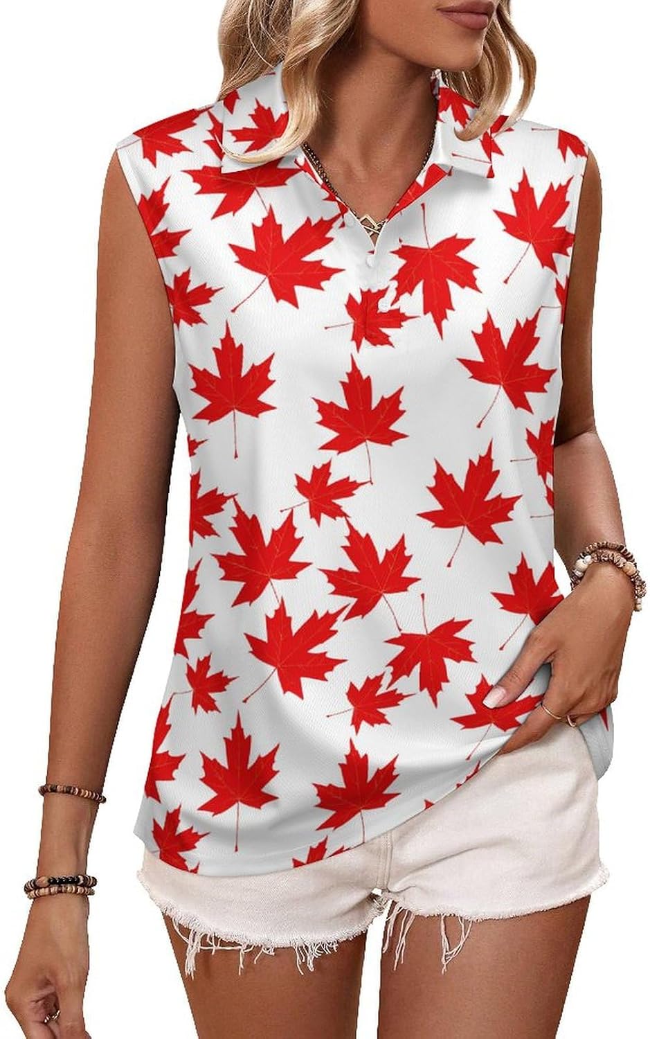 Canadian Maple Leaf Pattern Sleeveless Polo Shirts for Women – Golf, Tennis, and Workout Tank Tops