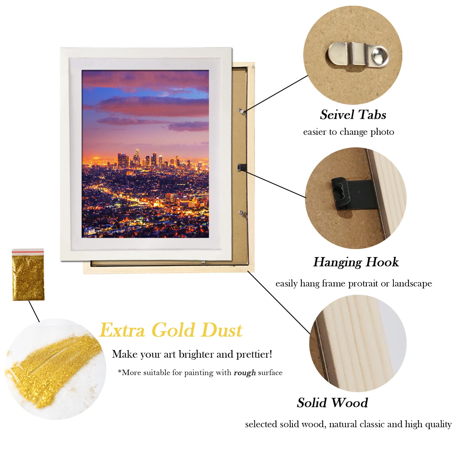 LIPHISFUN Diamond Painting Frame 30x40cm Diamond Art Frames Display Picture 12x16 Without Mat or 10x14 with Mat 2 Pack,Natural Solid Wooden,Protection Glass,Back Mat,Hanging Kit for Wall Decor-White