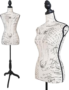 Female Linen Fabric Mannequin Torso Dress Form with Detachable Head, Two Wooden Hands and Height-Adjustable Metal Display Stand