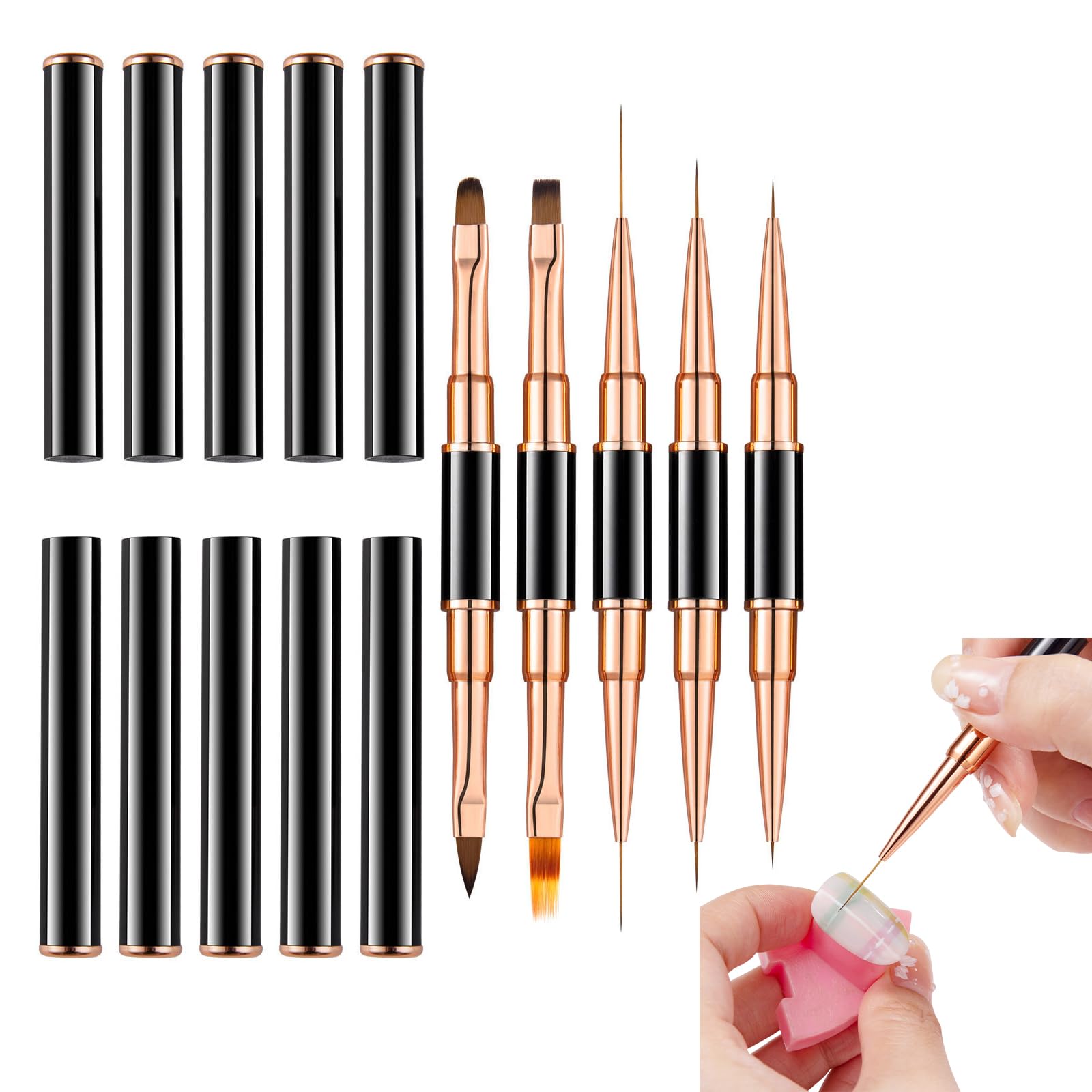 5pcs Nail Art Liner Brushes, Double-Ended Acrylic Nail Art Brushes Set,Nail Art Brushes Set - Professional,Nail Dotting Painting Drawing Pens for Diy Nail Art Design(Rose Gold)