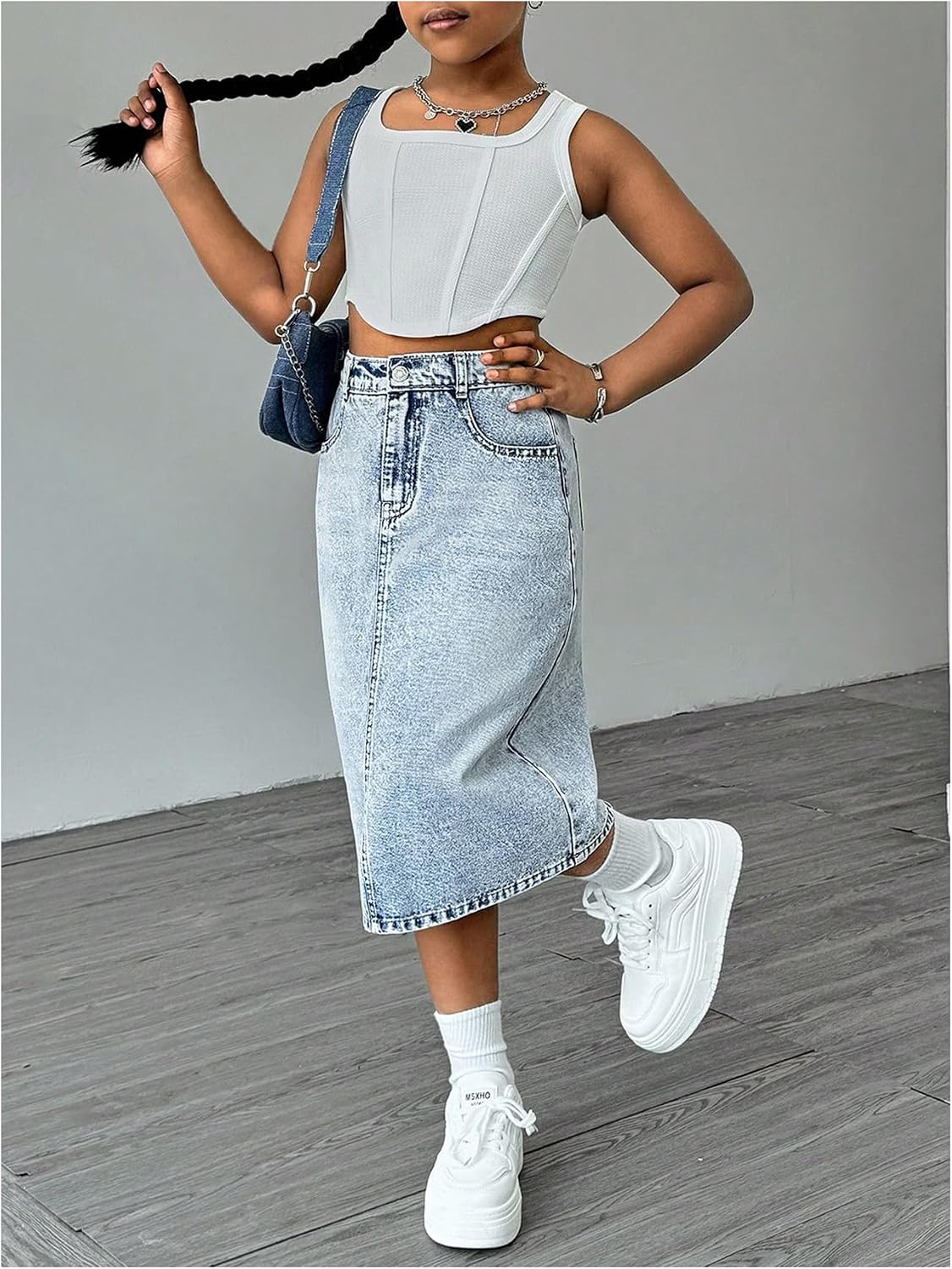 MakeMeChic Girl's Jean Skirt Elastic High Waisted Y2k Summer Cute Denim Midi Skirts with Pocket