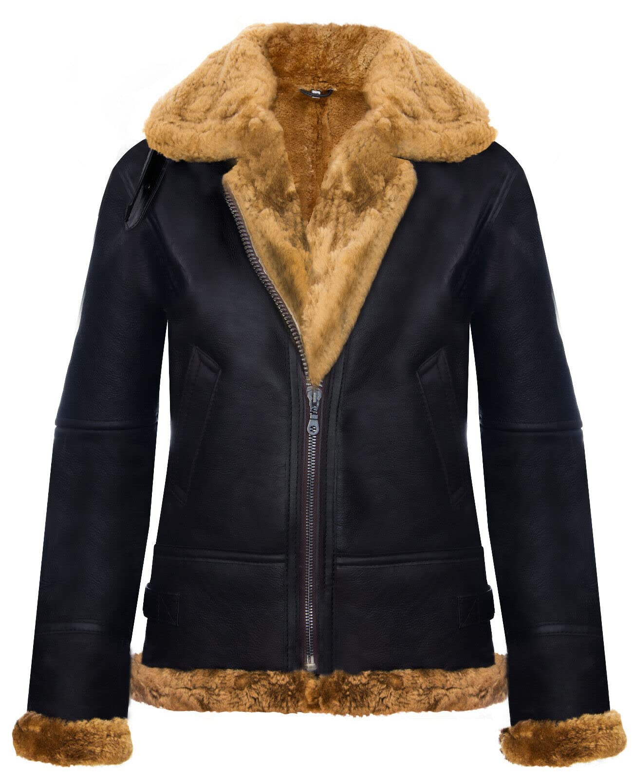 Infinity Leather Women's Ginger Hooded Sheepskin Jacket B3 Flying Leather Raf Aviator Pilot Brown 2XL