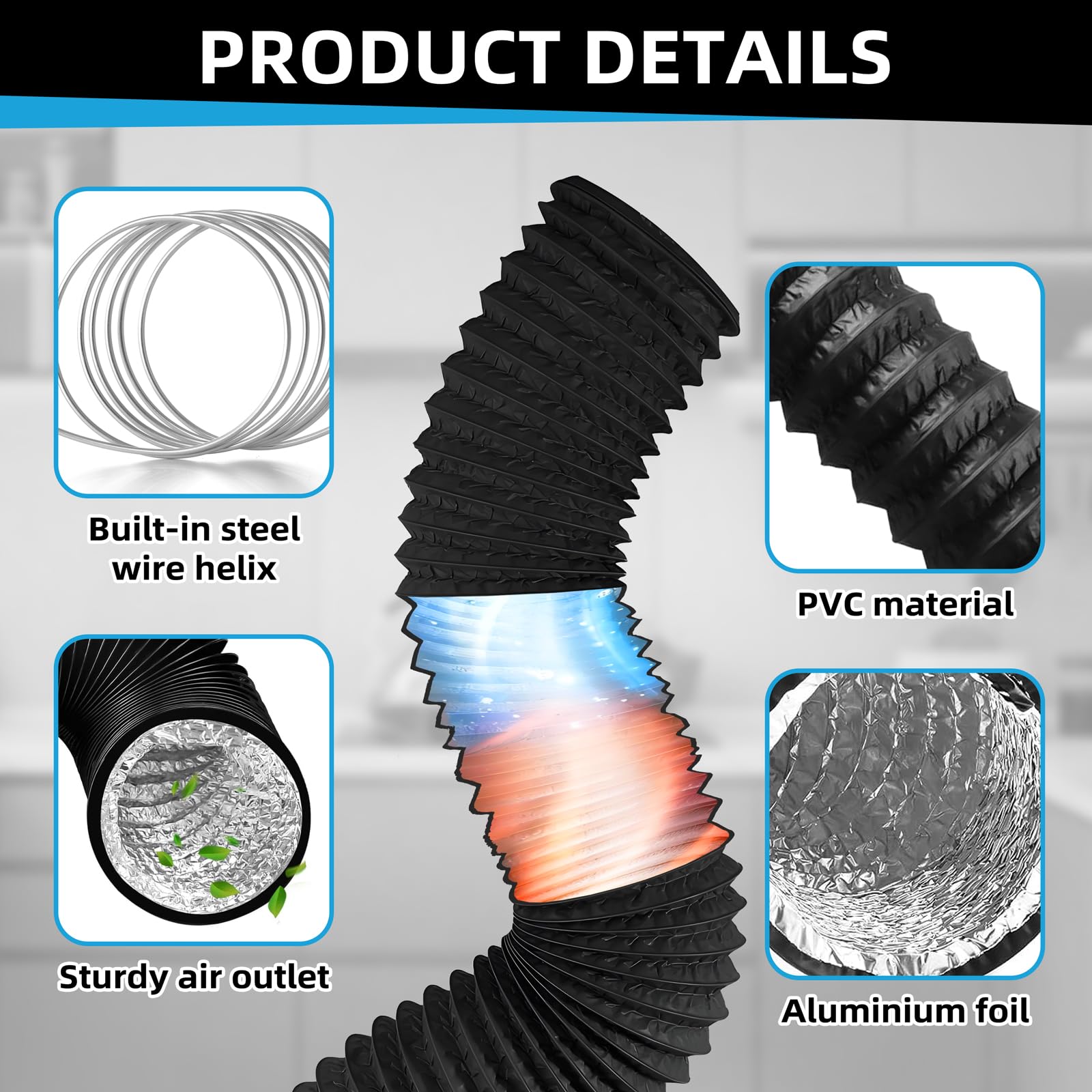 Tubo Flexible Campana Extractora de 100mm: 2m Manguera de Ventilación de Aluminio y PVC, Tubo Flexible de Salida de Aire con 2 Abrazaderas de Acero Inoxidable para Climatización Secadora (Blanco)