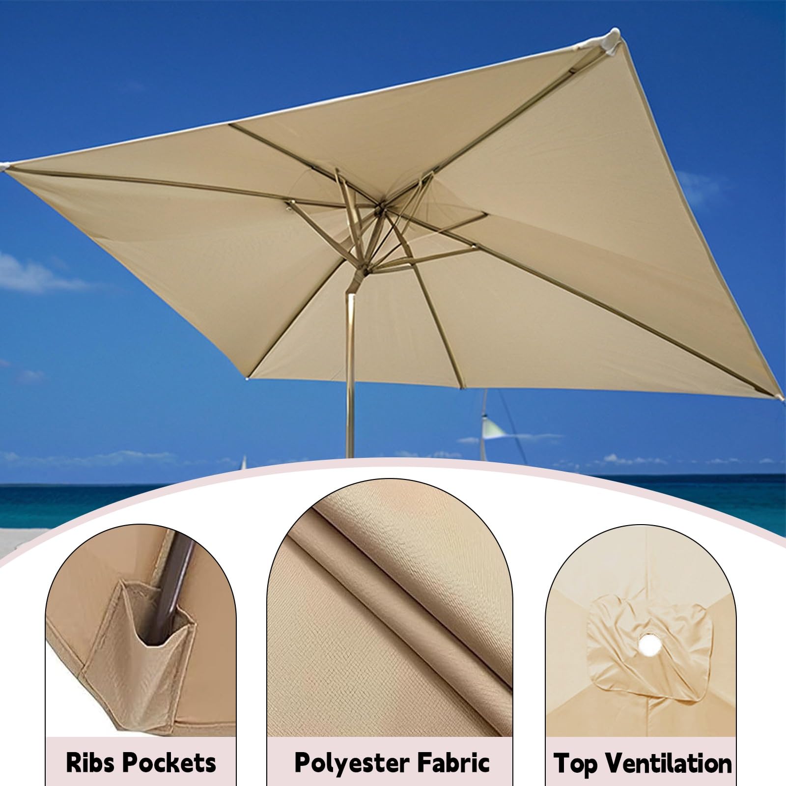 Auvent De Remplacement Pour Parasol De Terrasse 3x3m 2.5x2.5m 2.7x2.7m Rectangle/Carré 4/6/8 Baleines Toile De Parasol Imperméable Pour Extérieur Cour Jardin Plage(Dark green,2*3m/6ribs)