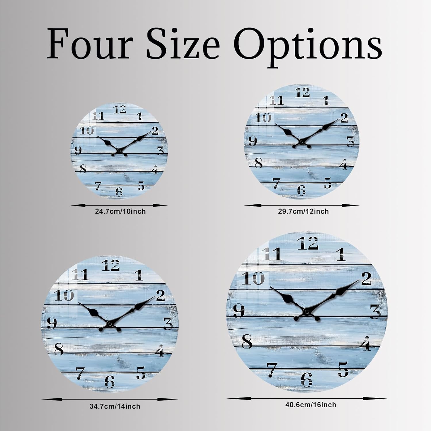 Large Blue Wall-Clock Battery Operated 16 Inch - Wood Rustic Wall Silent Clock Non Ticking - Coastal Beach Wall Clock for Bedroom Bathroom Kitchen Decor