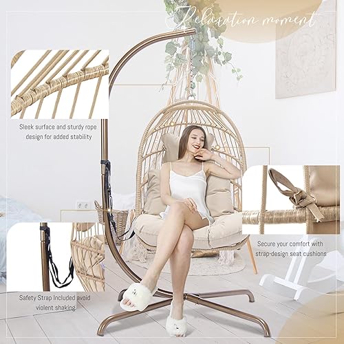 Miniatura 43 de Silla colgante de huevo, de mimbre y ratán, cojines resistentes a los rayos ultravioleta, capacidad de 350 libras, para dormitorio, balcón, patio