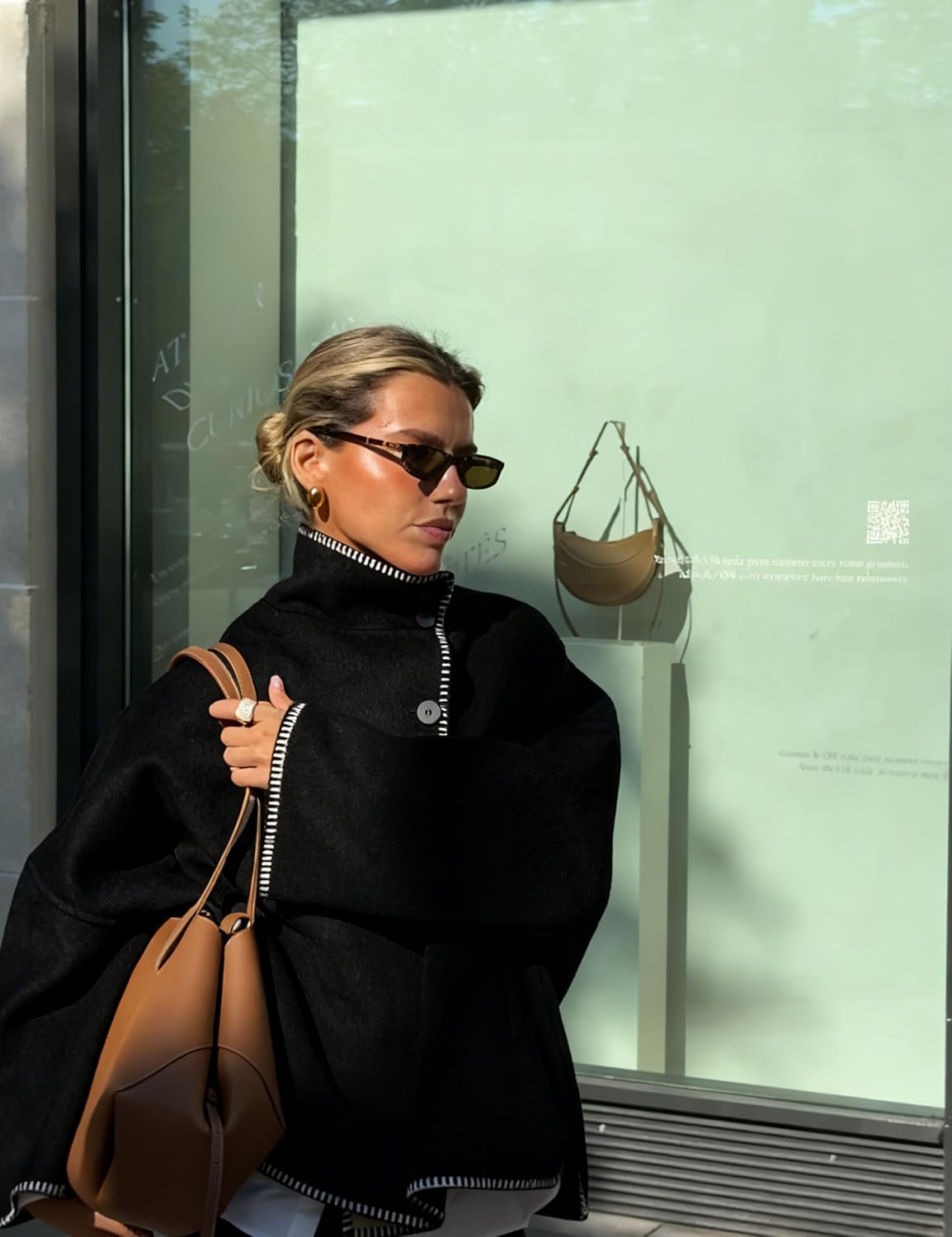 Womens Stand Collar Wool Coat Oversized Contrast Stitching Button Down Cropped Wool Blend Jacket with Pockets - Image 5