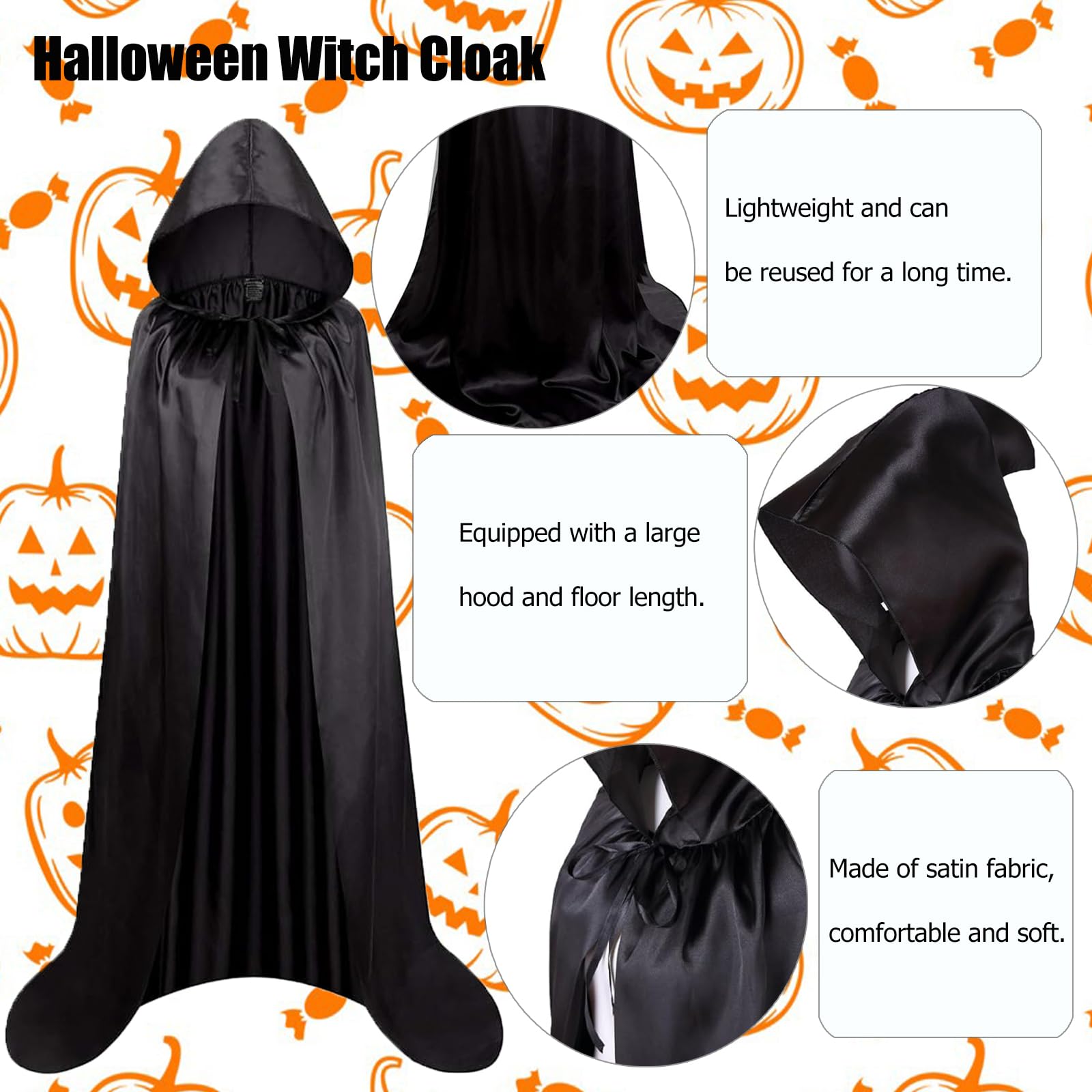 SEMINISMAR Halloween Black Hooded Cloak,Halloween Costumes,140CM BlackCloak Ghostface Costume BlackCape,Vampire Cape Witch Cloak,Witch Vampires Devil Costume Cosplay Fancy Dress Party - Image 3