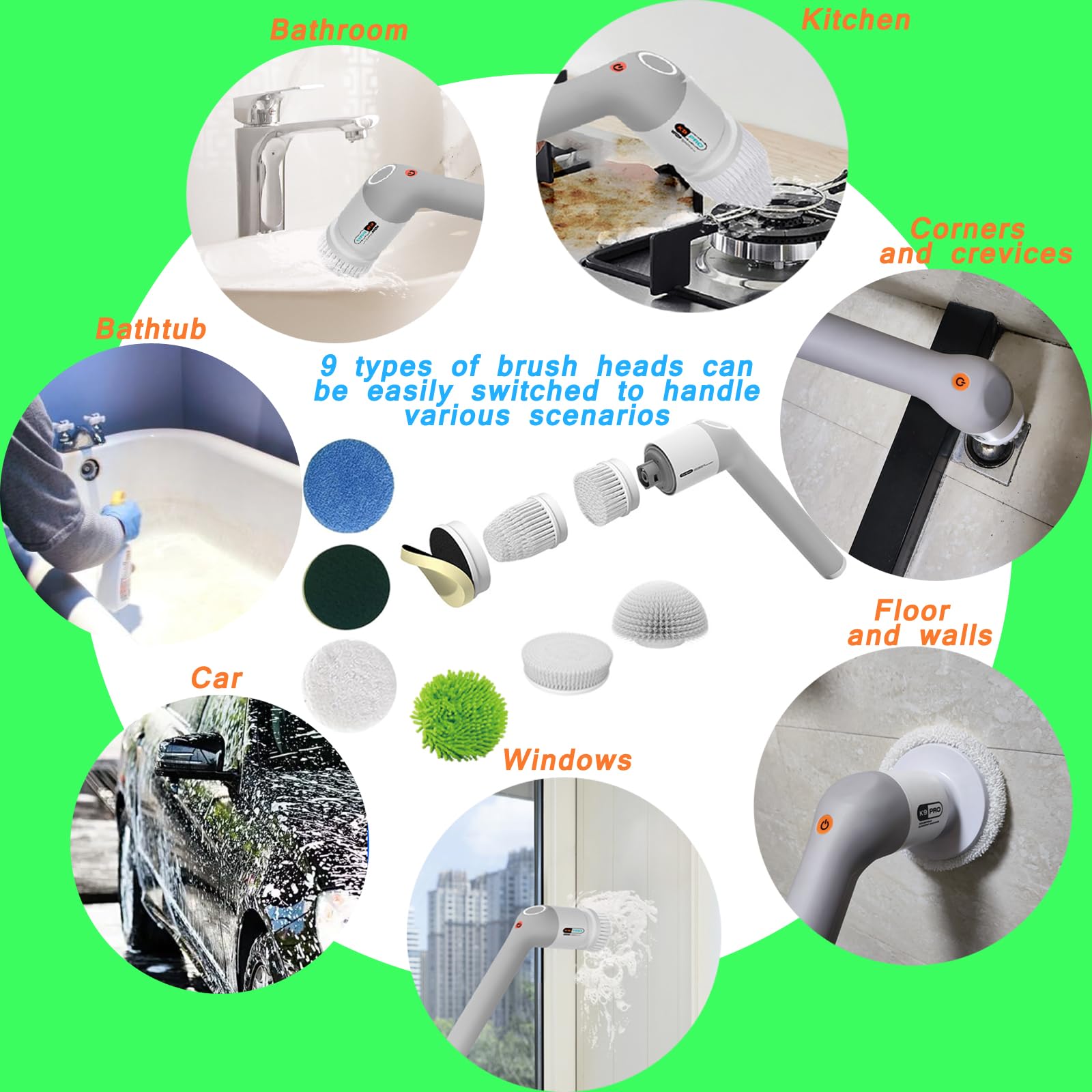 Limpiador eléctrico giratorio, cepillo limpiador de baño con cuerpo completo IPX7 impermeable, limpiador de ducha con mango largo, cepillo de limpieza eléctrico con 9 cabezales de cepillo, limpiador