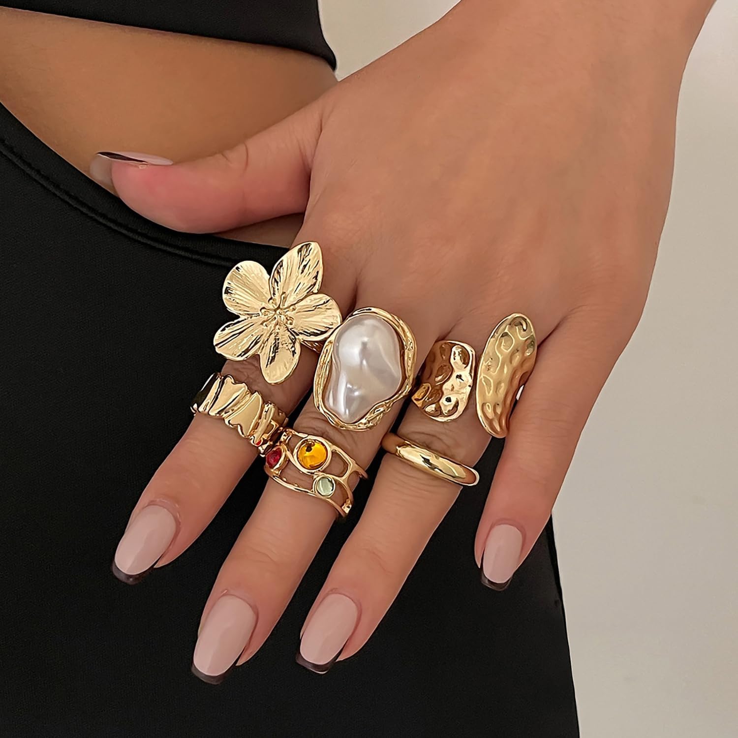 Chunky Gold Rings for Women Adjustable Stackable Statement Rings Set Baroque Pearl Flower Ring Knuckle Ring Chunky Jewelry Gift for Women - Image 2