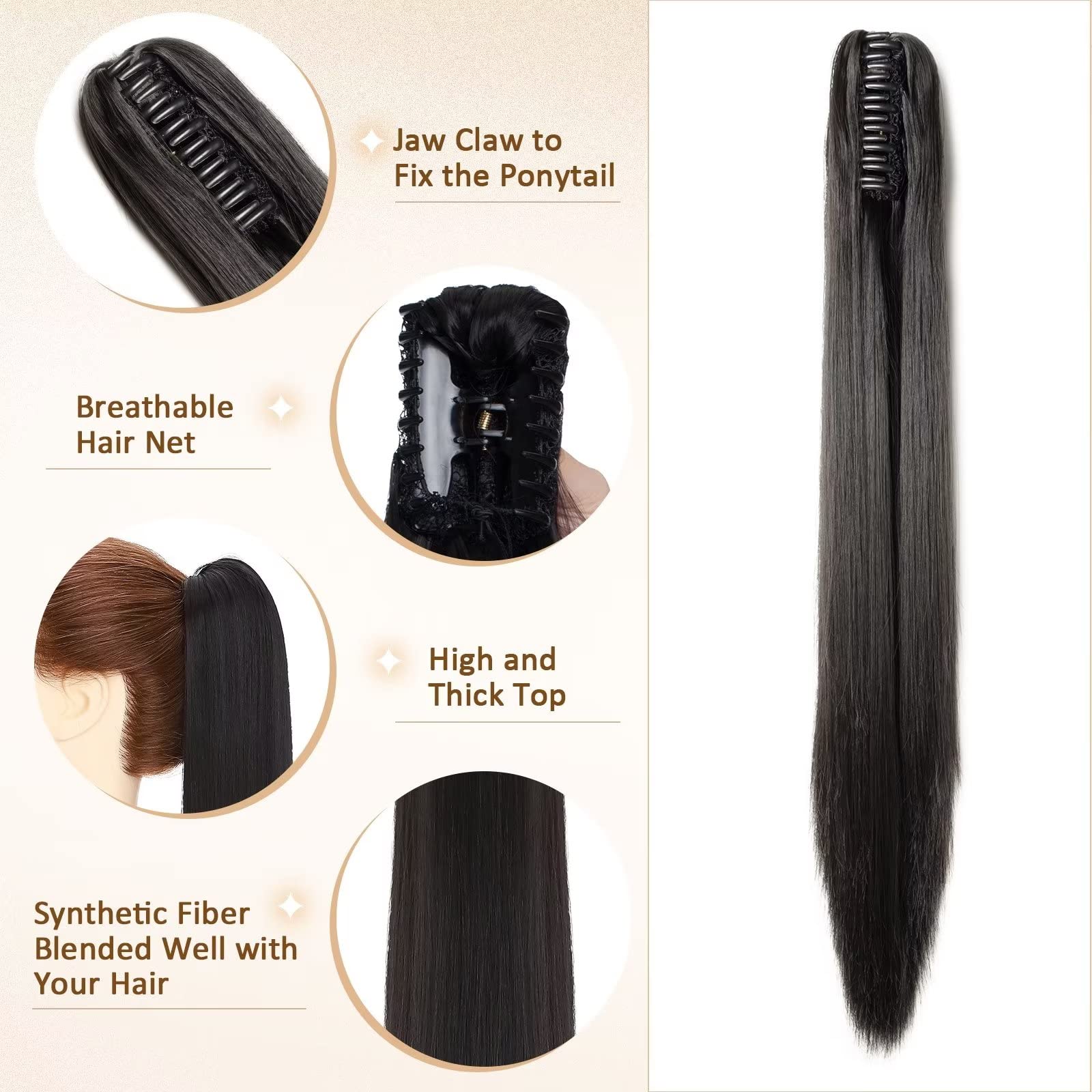 TESS Claw Clip in Ponytail Hair Extensions, 21 Inch Straight, Natural Black, Clip-In - Image 3