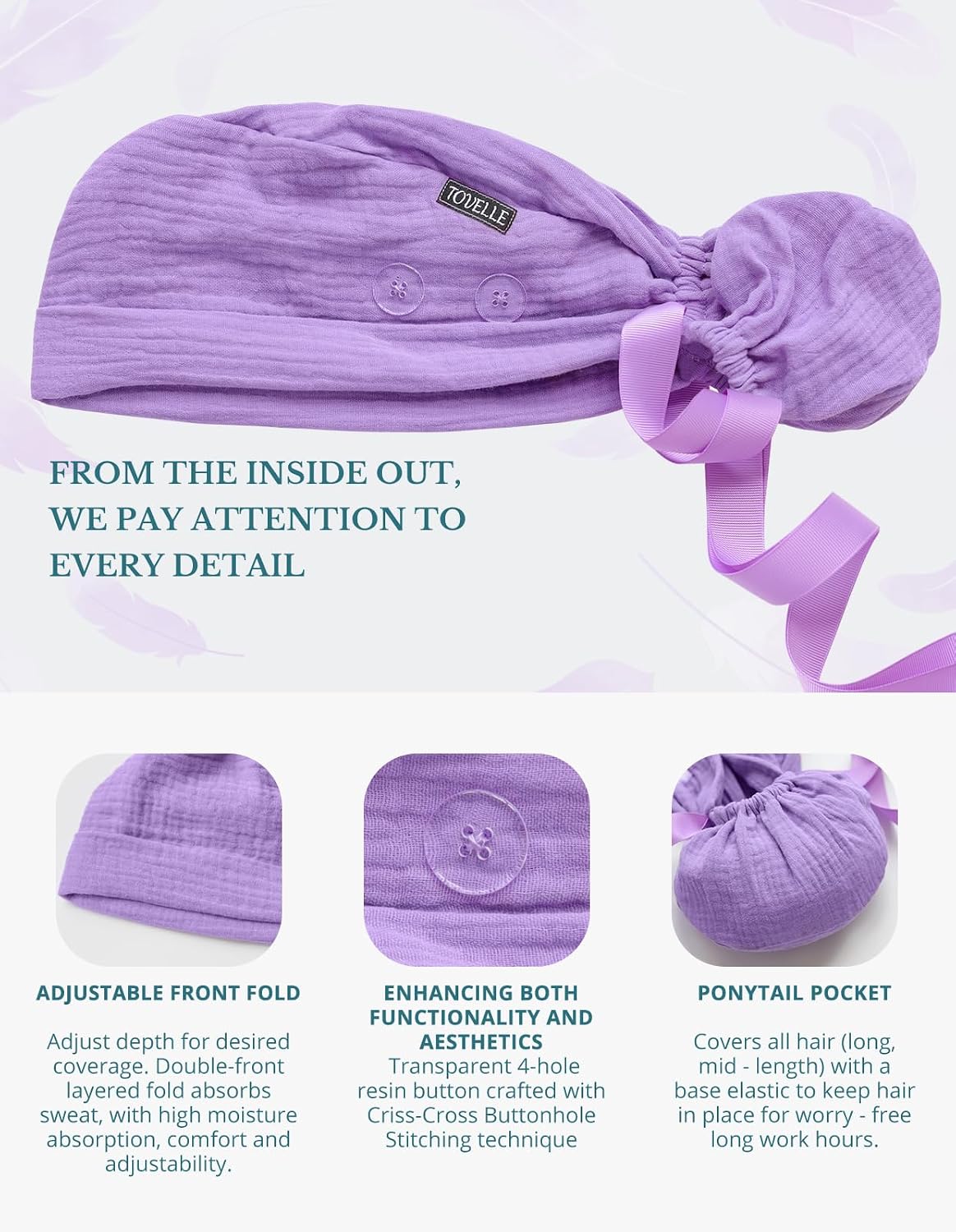 Ponytail Scrub Cap for Women – Solid Lavender Surgical Cap with Buttons, Cotton Ponytail Scrub Caps, Adjustable Surgical Hat for Women to Secure Long Hair