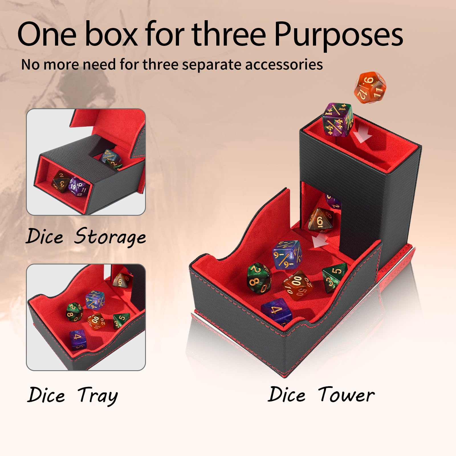 Torre de dados y bandeja, caja portátil Commander, caja de almacenamiento de dados plegable para Dungeons and Dragons, bandeja rodante negro/rojo