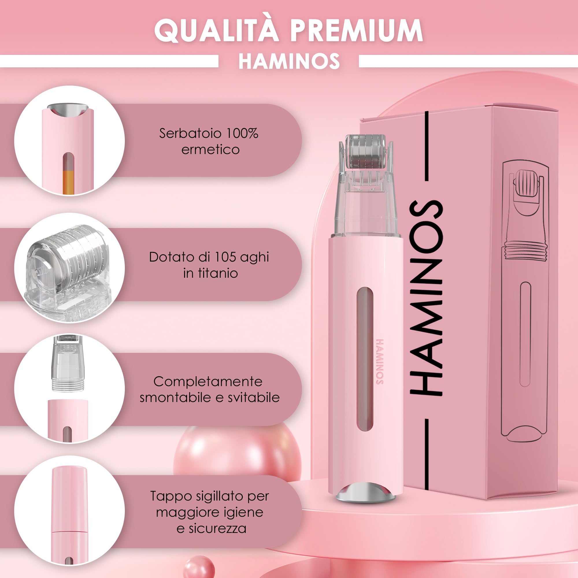 HAMINOS Derma roller 0,25 mm 2.0 con Serbatoio per Labbra, Pelle, Capelli, Rughe, Smagliature, Iperpigmentazione APPLICAZIONE DEL SIERO ISTANTANEO, 105 aghi in titanio