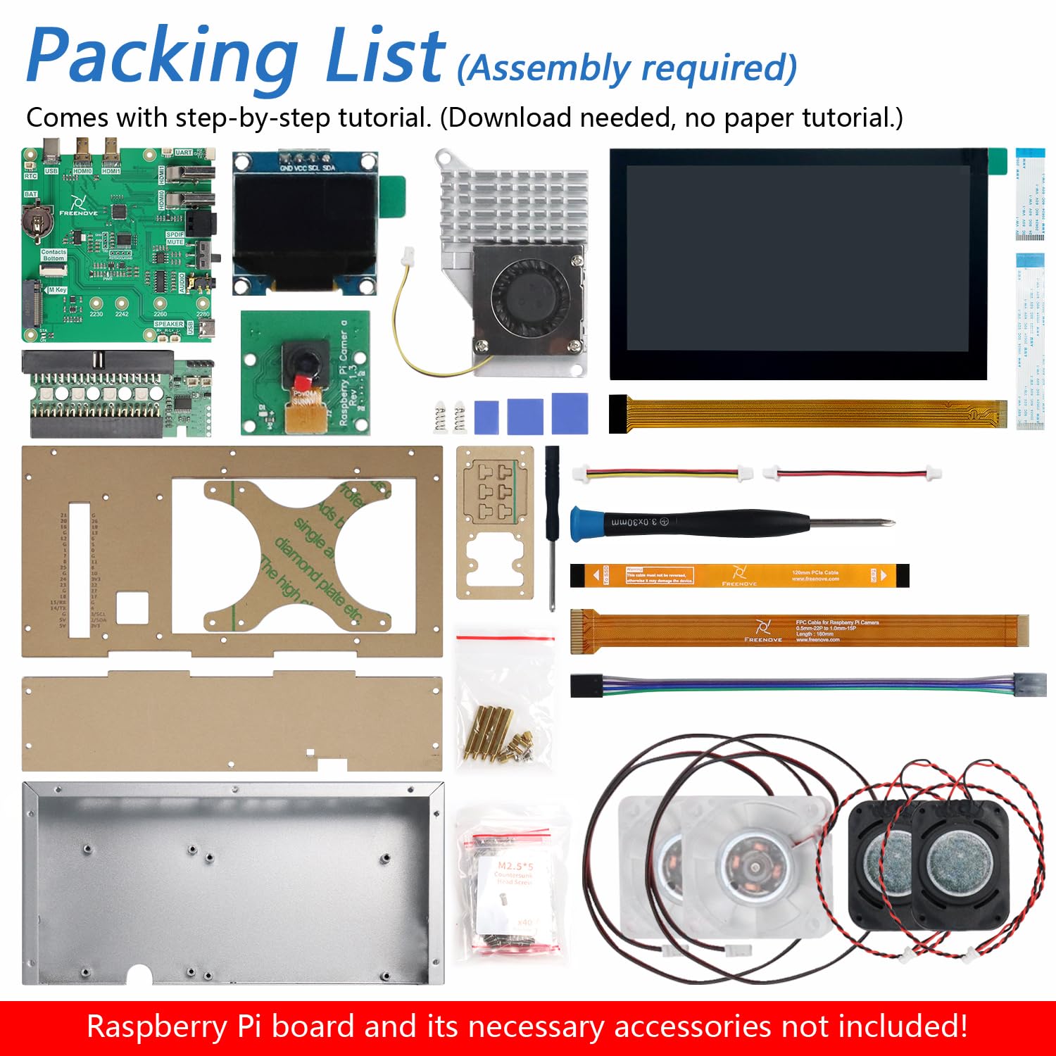 Freenove Computer Case Kit for Raspberry Pi 5 (NOT Included), M.2 NVMe SSD Slot 1231 MB/s, 4.3 Inch Touchscreen, 5 MP Camera, OLED Screen, Stereo Speakers, 3.5 mm and Optical Audio (S/PDIF)