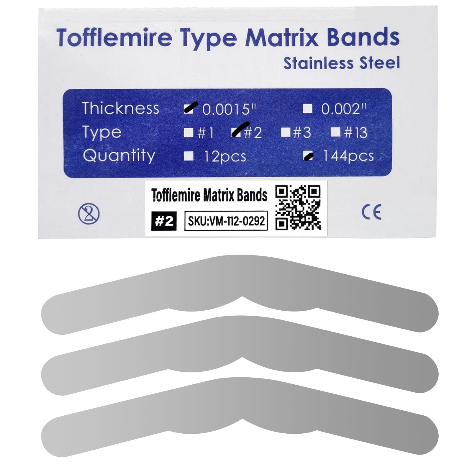 144PCs Dental Grade Tofflemire Matrix Bands #2 Size by VASTMED | Stainless Steel Matrices Strips Thickness Dentistry Tool