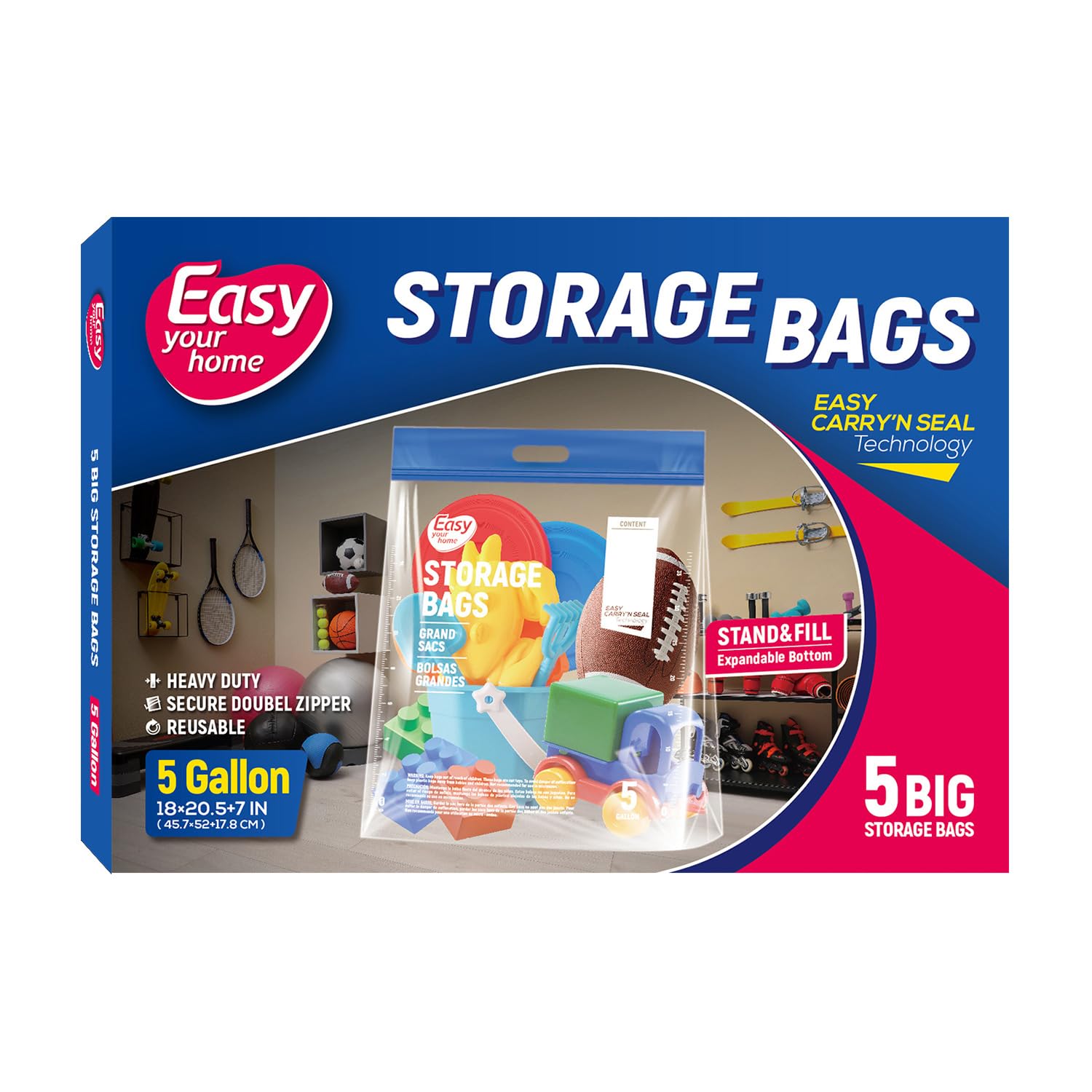 EASYYOURHOME 5PCS 5 Gallon Zipper Lock Plastic Bags with Handle and bottom,18"x20.5"+7",Extra Large Size Reusable Storage Bag with Double Zip for Clothing,Travel,Moving,Beach,BPA-Free,3-Mil Thick