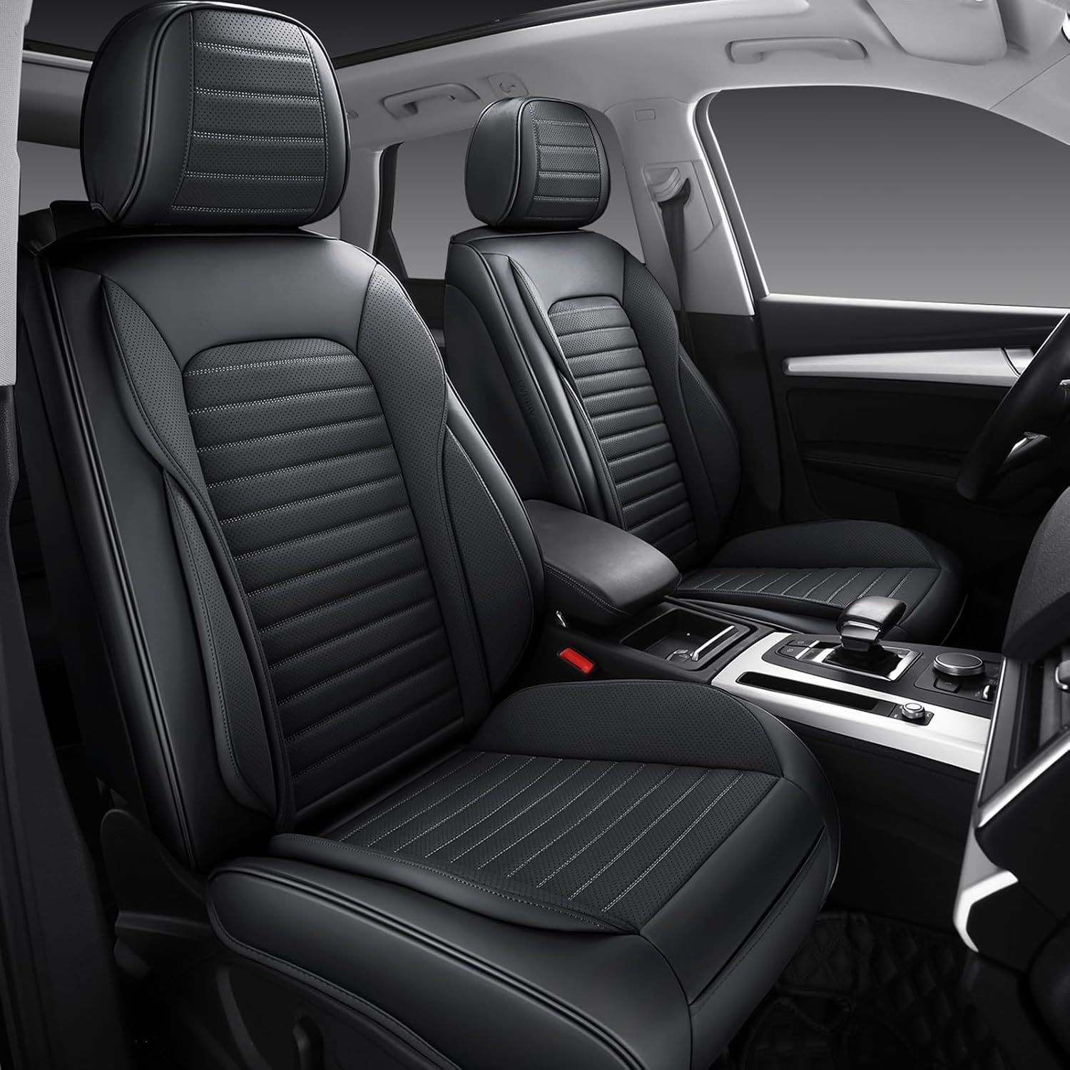 Car Seat Covers Full Set Black, Luxury Nappa Leather Seat Covers for Cars, Breathable and Waterproof Automotive Seat Covers, Universal Anti-Slip Seat Protector Fit for Most Cars (Black, Full Set)