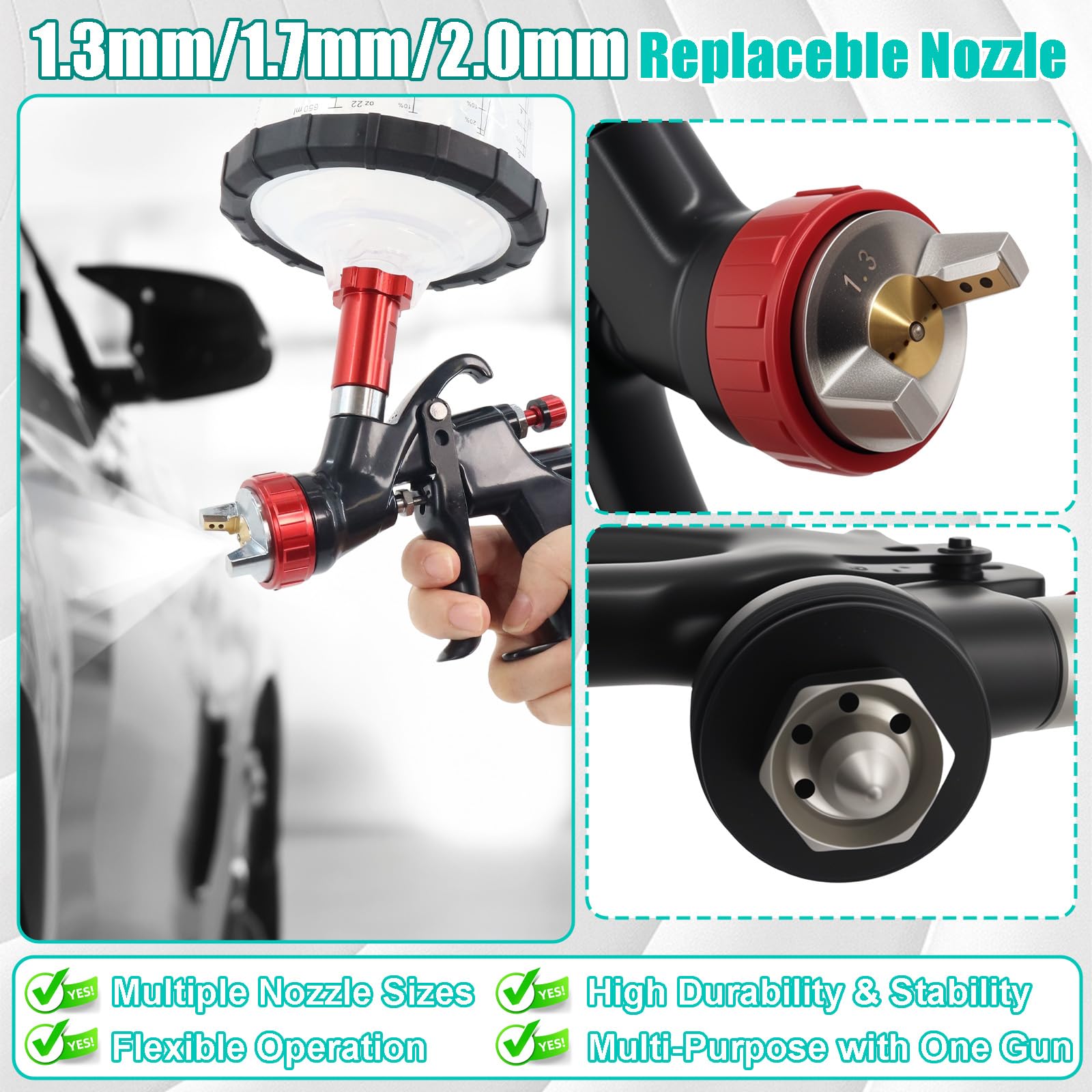 LVLP - Pistola per verniciatura ad aria compressa con serbatoio da 650 ml | Pistola a spruzzo con 3 ugelli da 1,3/1,7/2,0 mm e 10 bicchieri usa e getta per lavori di pittura