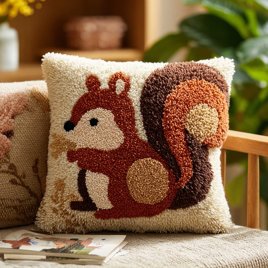 Henypt Latch Hook Pillow Craft Kit 43x43cm,Cute Squirrel 17x17 Inch,Complete Starter Kit with Tools and Yarn for Beginners & Craft Enthusiasts
