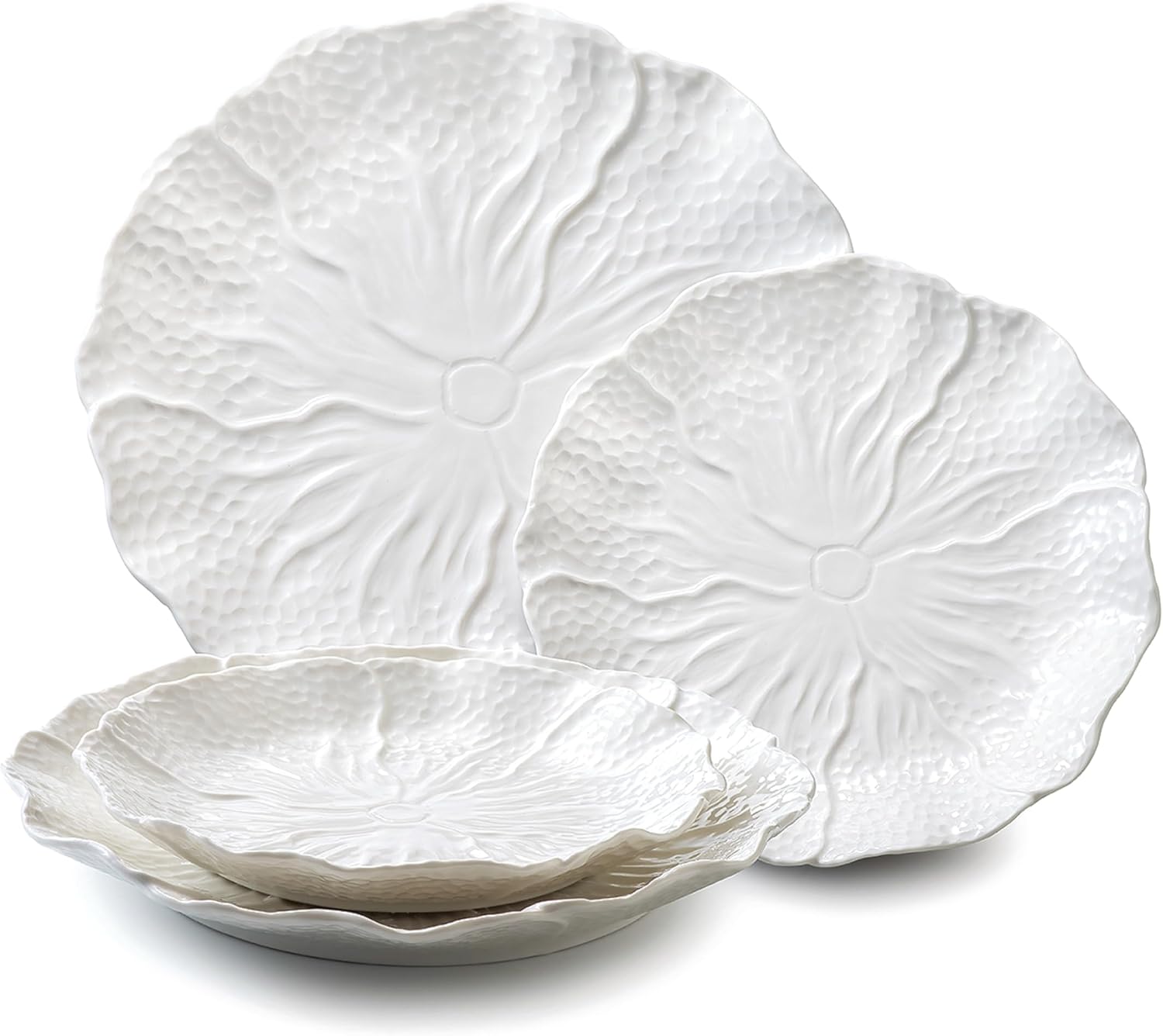 4 Piece White Ceramic Salad Plates Dessert Plates Set (10 inches & 8 inches) Vegetable Floral Embossed Design Porcelain Appetizer Plates