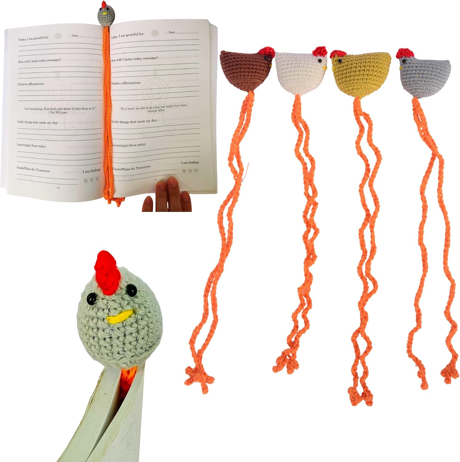 Handmade Chicken Bookmark Set of 4pcs Cute Crochet Gift for Book Lovers, Teacher Appreciation Present, Reading Accessory for Women, Teacher Gifts, Unique Farm Animal Lovers Idea, Mothers Day image 2