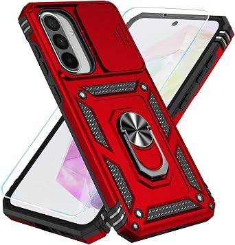SunStory Compatible with Samsung Galaxy A37/A36 Case with HD Screen Protector & Slide Camera Cover & Rotated Ring Kickstand, Dual Layers Phone Case for Galaxy A37/A36, Red