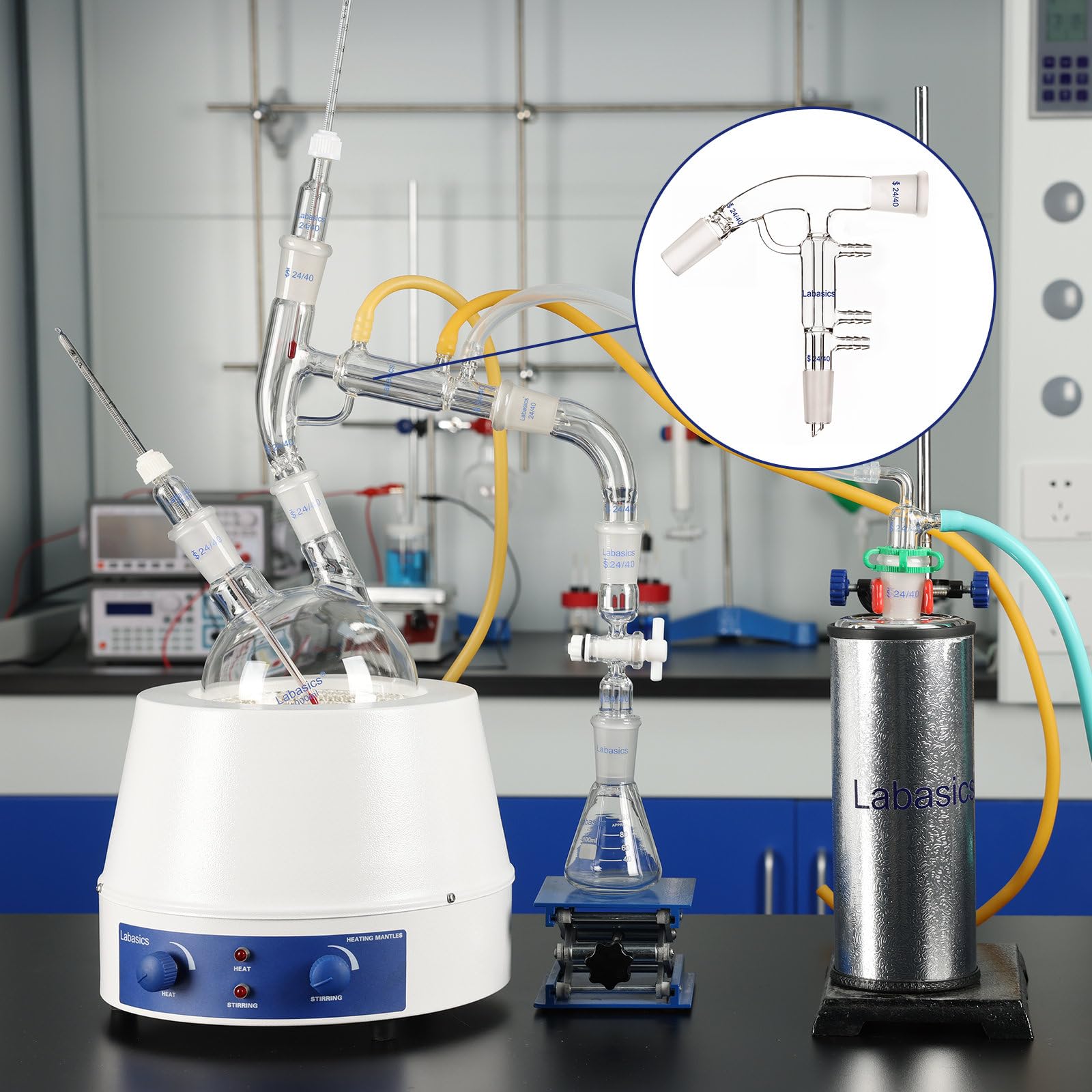 Labasics Adaptateur Distillation à Chemin Court, Verre Borosilicaté, Joint 24/40, Connexions Tuyau 10 mm, Résistant aux Produits Chimiques pour Usage en Laboratoire