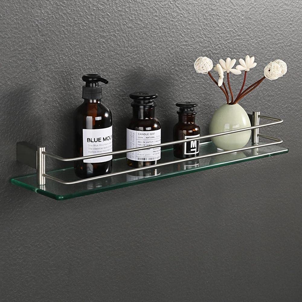Estante de baño negro 304 de acero inoxidable para montaje en pared, estante para ducha, estantes cuadrados de vidrio para baño, estante plateado_50cm