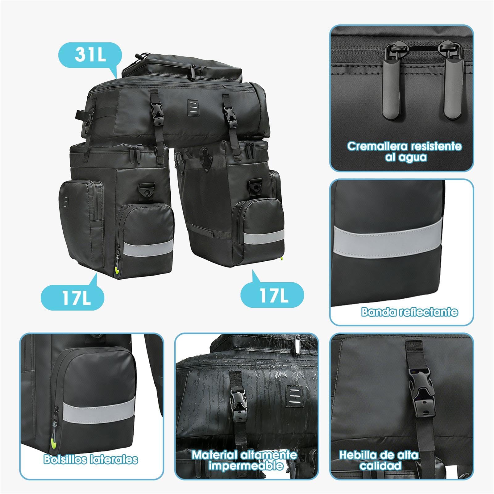 3 en 1 Bolsa de Alforja para Bicicleta Impermeable Gran Capacidad Bolso Bicicleta Multifuncional Bolsa Trasera de Bicicleta, Mochila, Bolso de Hombro con Funda para Lluvia para Ciclismo