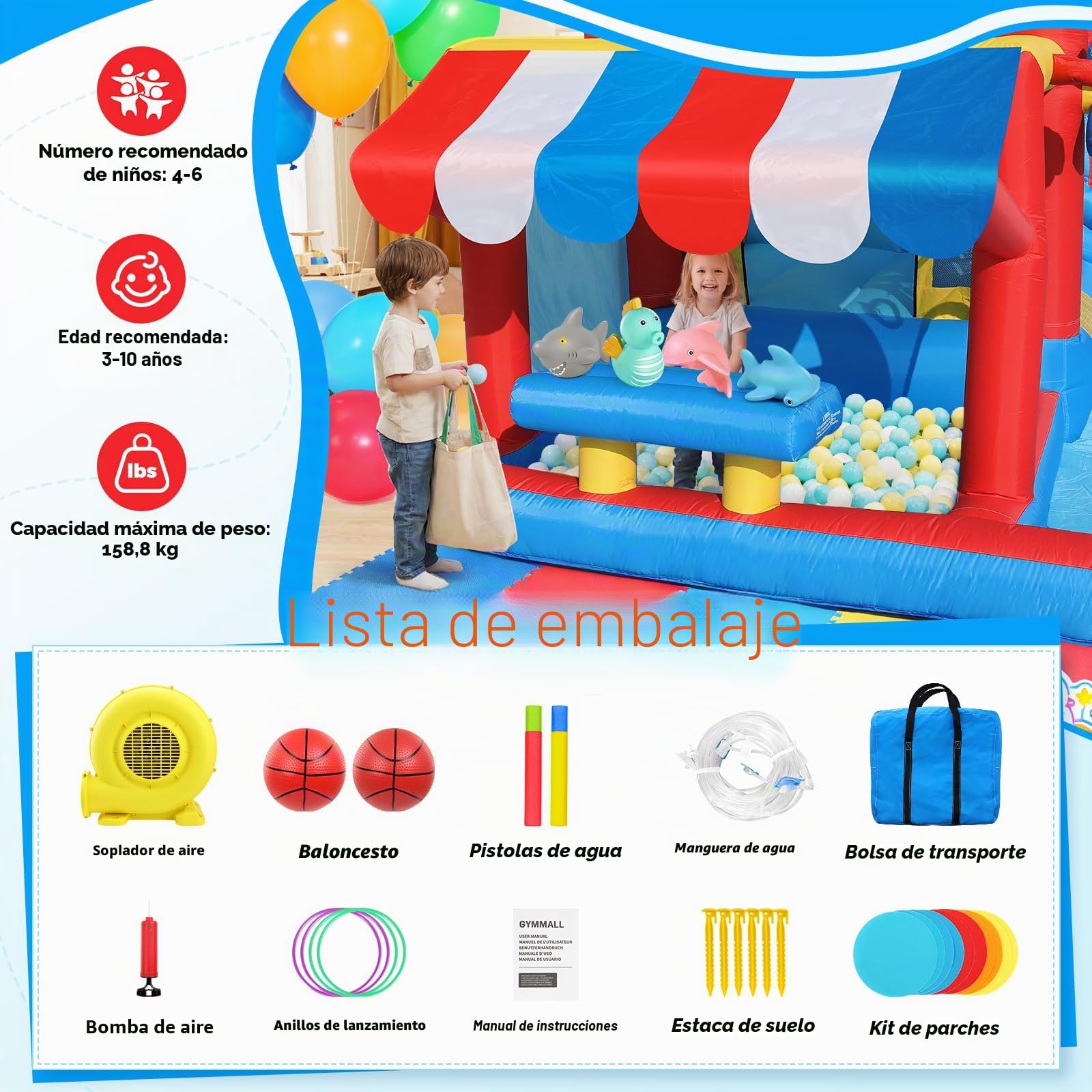 Castillo Hinchable 10 en 1 Niños – Supermercado Simulado, Tobogán de Agua, Piscina de Chapoteo, Tobogán Largo, Trampolín, Soplador 550W – Ideal Cumpleaños, Fiestas, Vacaciones