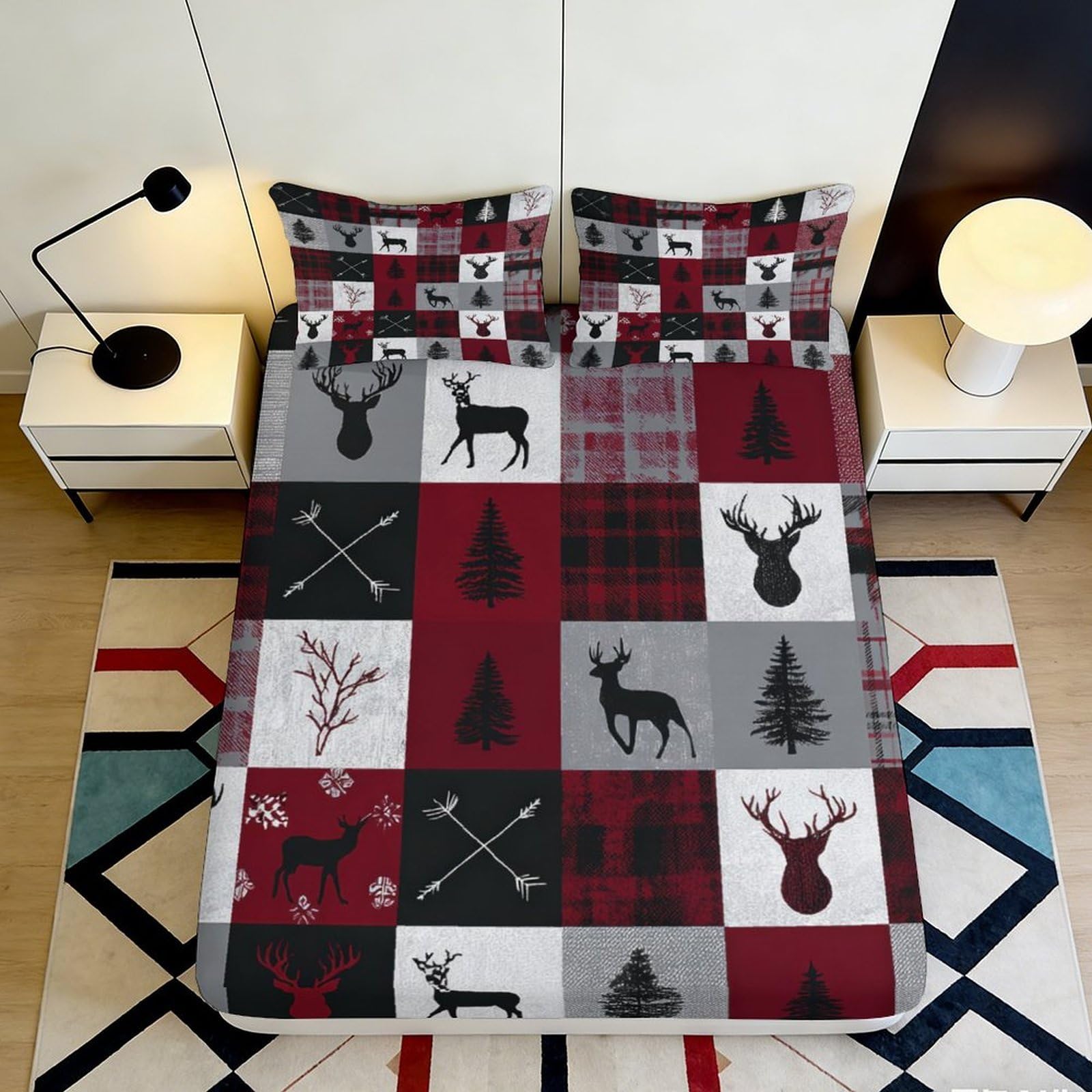 3D Printed Nordic Deer Fitted Sheet Microfiber Red Grey Plaid Forest Mattress Cover for Bedroom Guest Room Decor 90x200x25cm