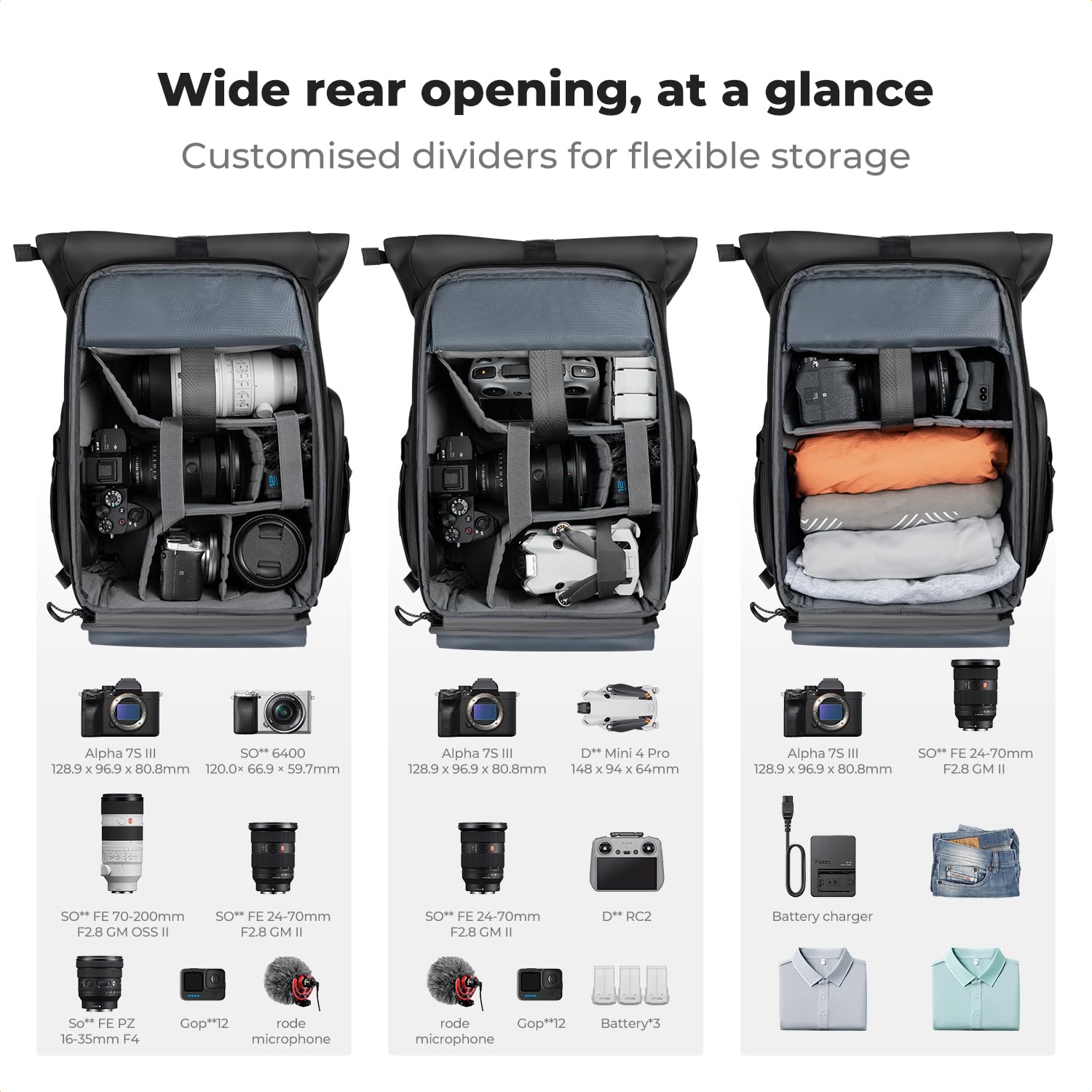 K&F CONCEPT Mochila para Cámara, Mochila Fotográfica Impermeable con Compartimento para Laptop de 15.6 Pulgadas, Tapa Enrollable y Bolsillo Delantero Expandible con Acceso Lateral para Fotógrafos
