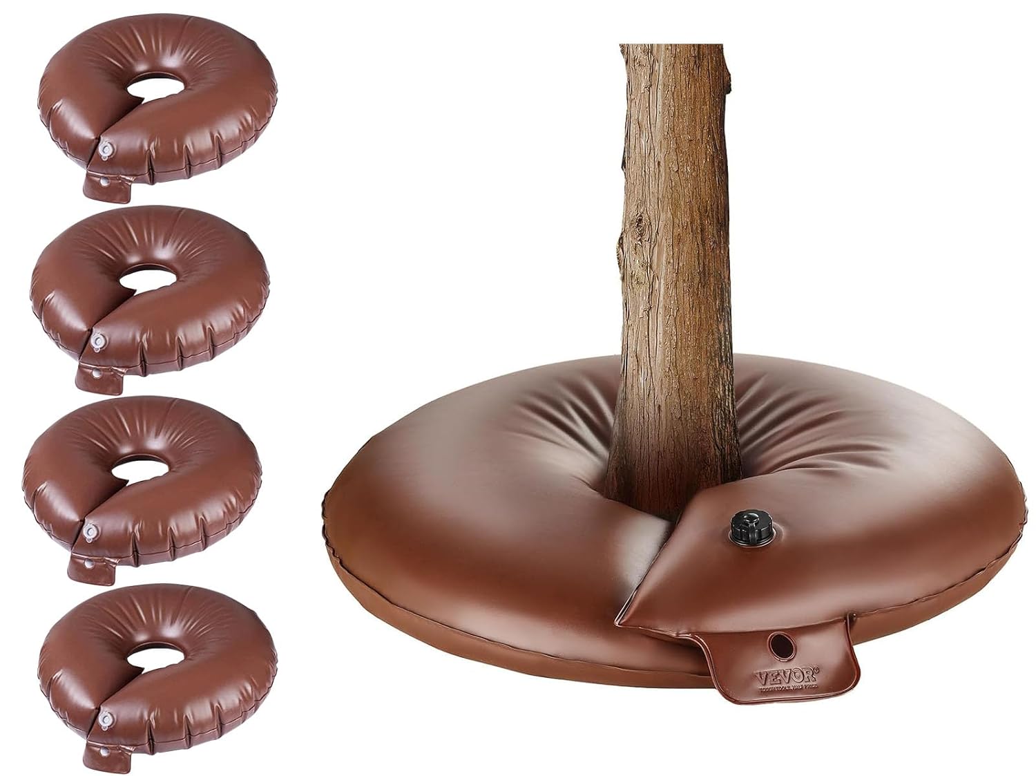 4 Pack 10 Gallon Tree Watering Bags - Slow Release Drip Irrigation System Reusable PVC Watering Ring with Automatic Root Drip for Trees & Shrubs | Heavy Duty Refillable Water Pouch (Brown, 15 Gallon)