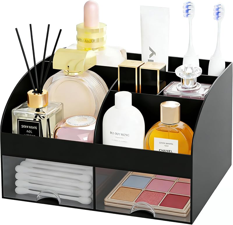 Organizador de maquiagem DIRZHX com 6 compartimentos e 2 gavetas, preto