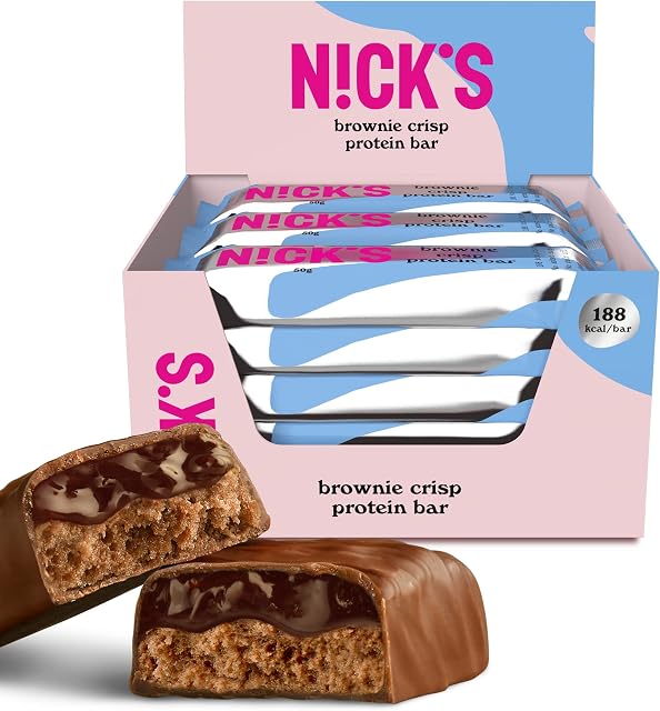 NICKS Protein bar Brownie Crisp, Baton proteinowy niskowęglowodanowy z chrupiącym ciastem brownie i czekoladą bez dodatku cukru, bez glutenu (12 batonów x 50g)