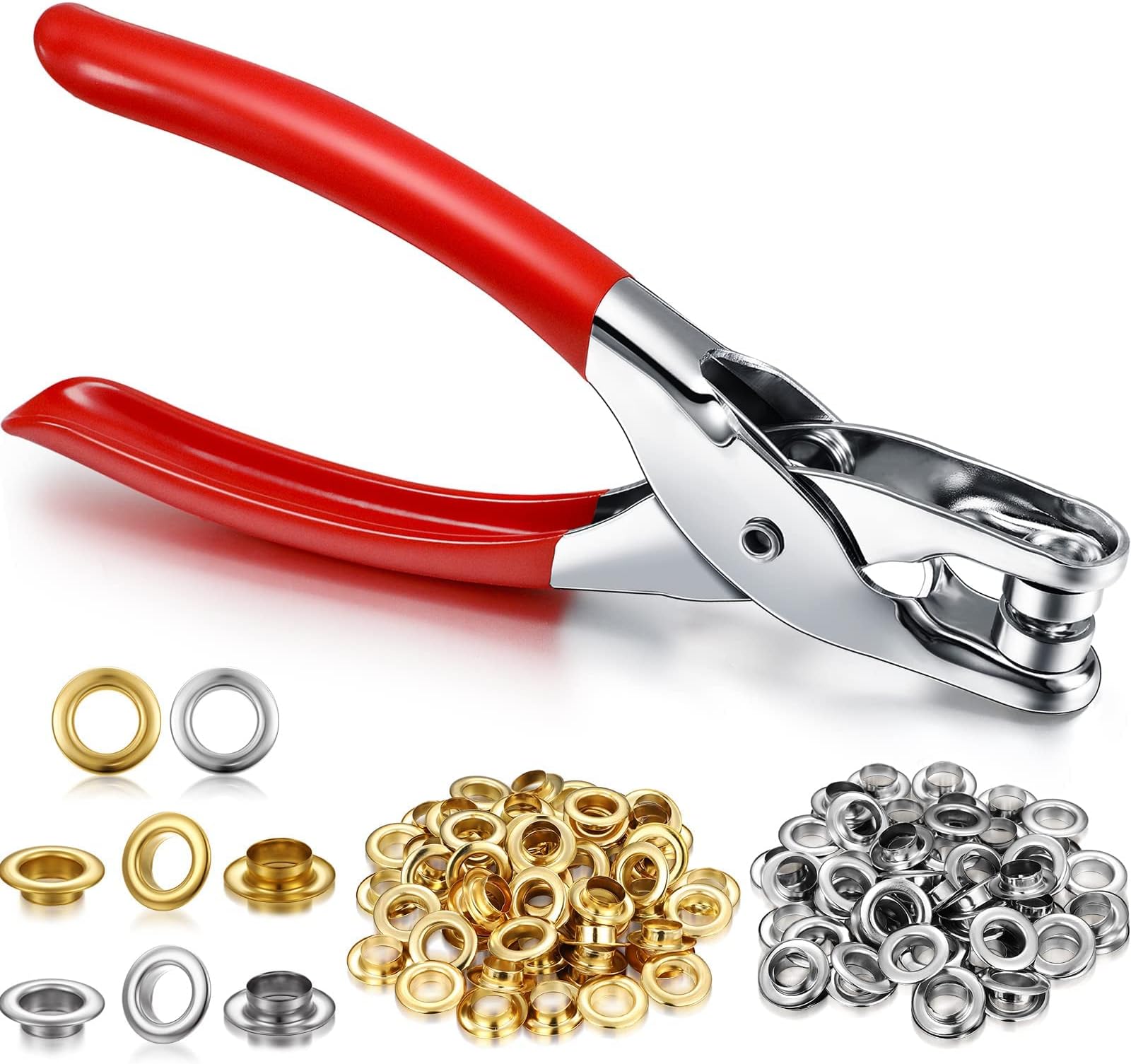 MAKINGTEC Grommet Eyelet Plier Set, Eyelet Hole Punch Pliers Kit with 300 Metal Eyelets, Tool Kit for Leather Clothes Belt (Gold, Silver,1/4 Inch)