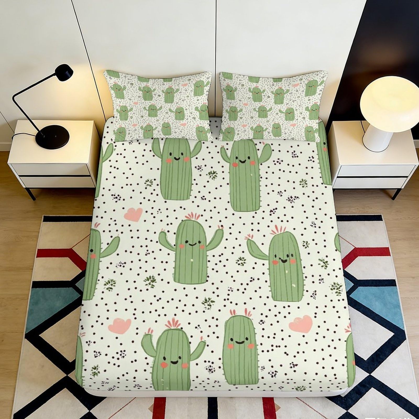 3D Printed Cute Cactus Fitted Sheet Microfiber Soft Cartoon Succulent Mattress Cover for Bedroom Dorm Bed Decor 160x200x25cm