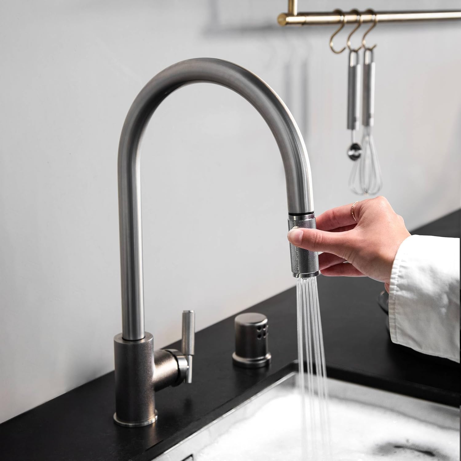 Buster and Punch Kitchen Faucet Pull-Out with Dual Spray Linear Knurl Gun Metal Solid Metal
