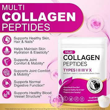 Multi Collagen Peptides Powder | Types I, II, III, V, X | 16 Oz (41 Servings) Hydrolyzed Collagen with Biotin, Vitamin Supports Healthy Skin, Joints, Hair, and Nails | Unflavored & Dissolves Easily