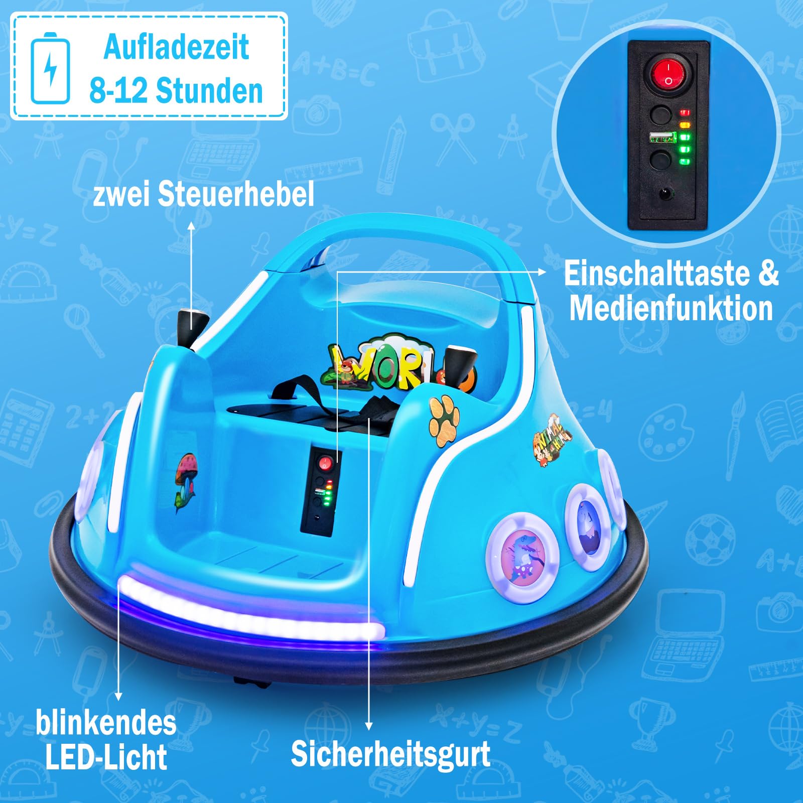 COSTWAY 12V Kinder Autoscooter 360 Grad Rotation, Elektro Bumper Car mit Musik und Lichtern, inkl. 2,4 Ghz Fernbedienung, ideal für Kinder ab 3 Jahre (Blau)