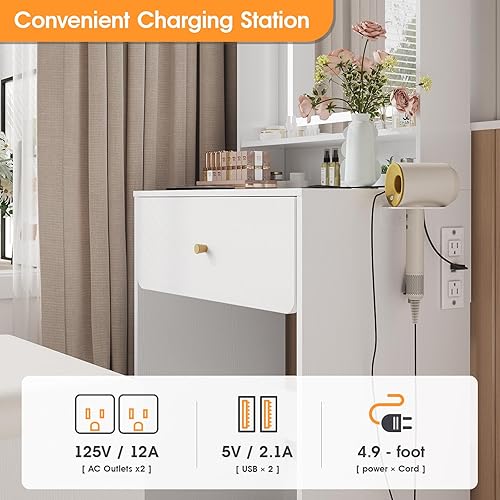 Miniatura 7 de Vabches Escritorio de tocador de maquillaje con espejo y luces, juego de mesa de tocador blanca con estación de carga, tocador pequeño para niñas y