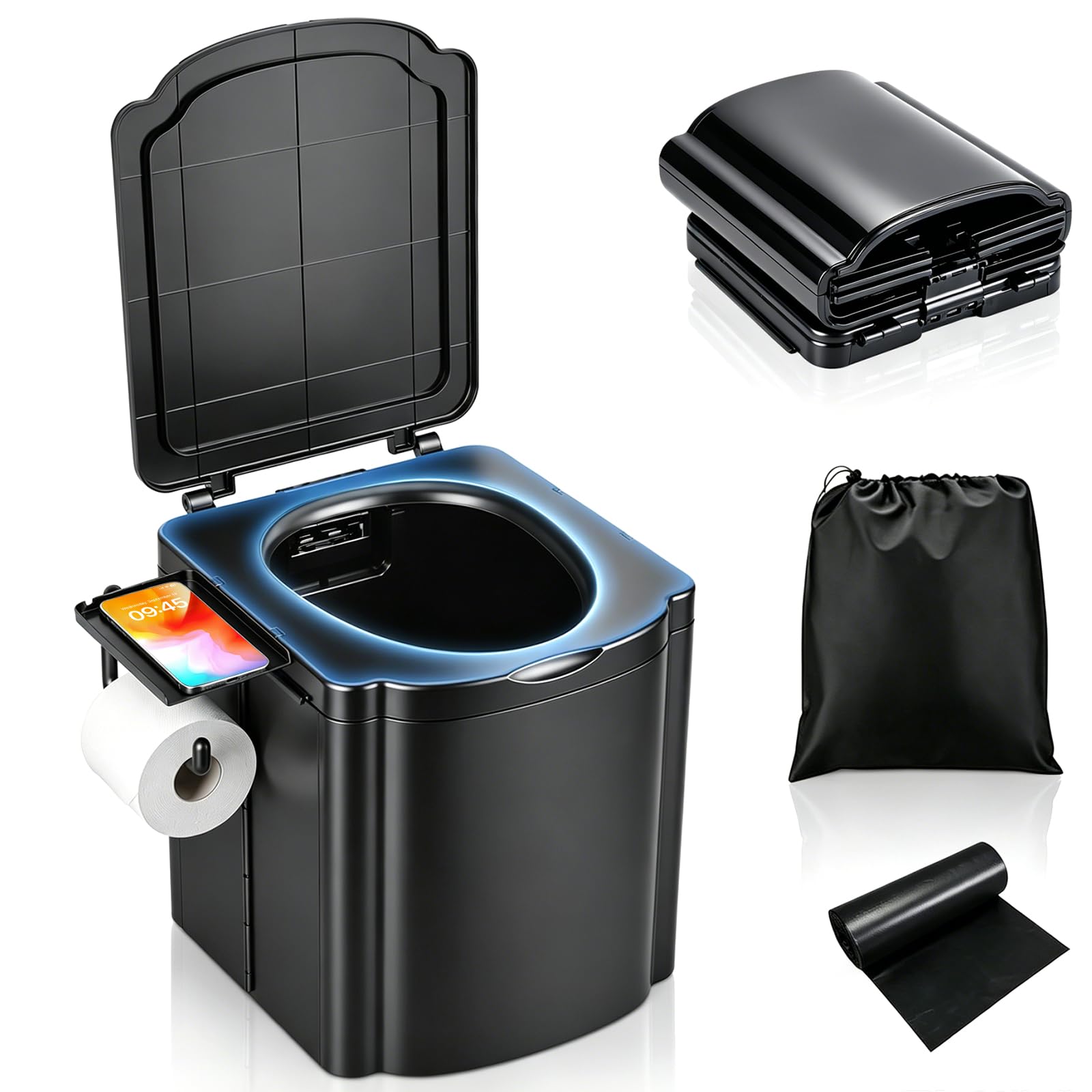 CaeliMuse Portable Camping Toilet,14.5" H Foldable Toilet for Adults with Paper and Phone Holder,Outdoor Portable Potty for Camping,Emergencies,Car Trips,Waterproof,Lightweight,Easy-Clean