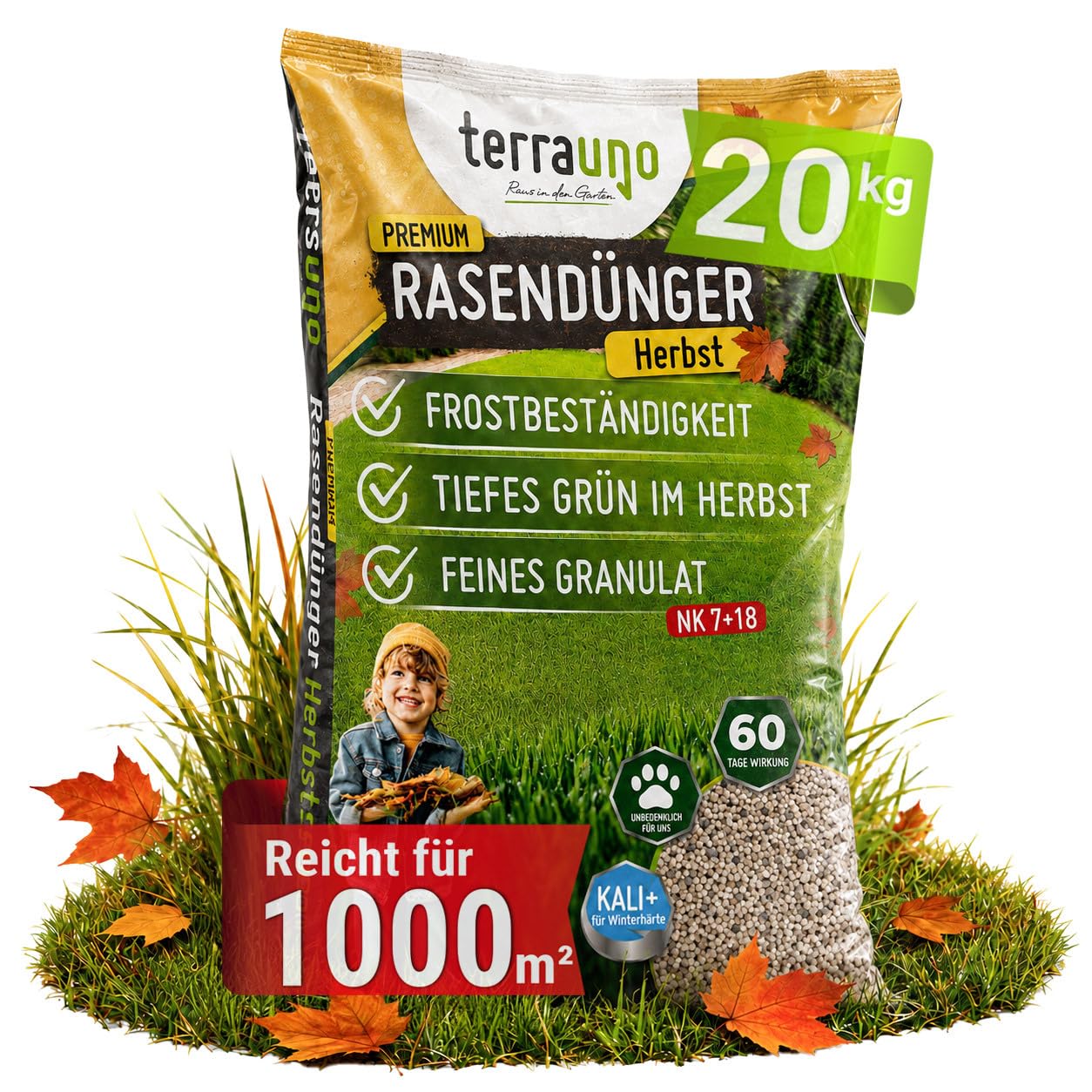 TerraUno Premium Herbstdünger Rasen, gesunder Rasen verdrängt Moos & Unkraut, Rasendünger Herbst mit 60 Tage Langzeitwirkung, 20 kg für 1000 m², Herbstrasendünger, Sofortwirkung, extra starkes Grün