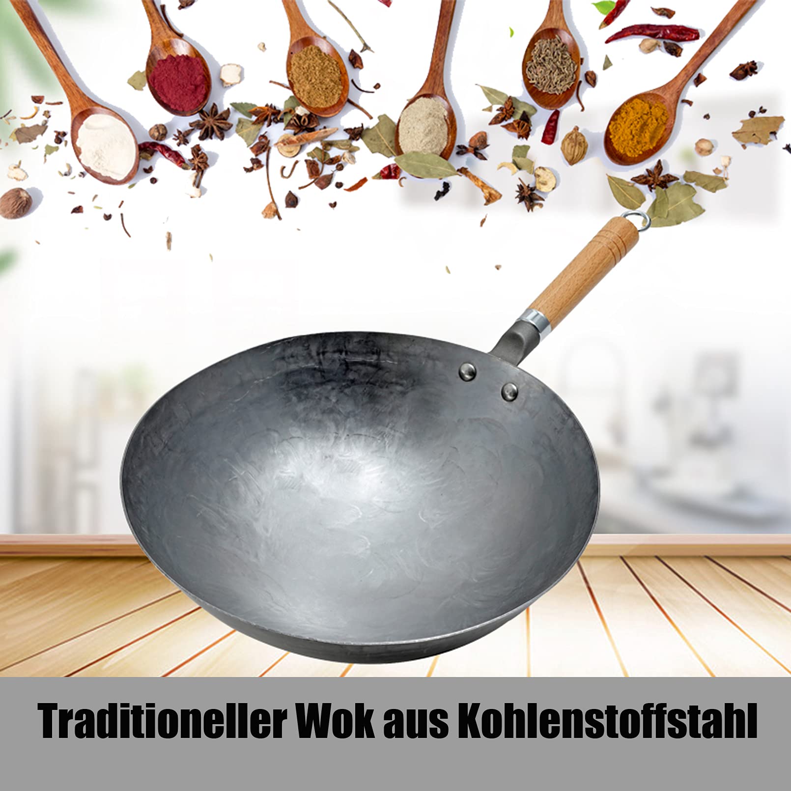 Wok Wok Tradizionale Wok in Acciaio al Carbonio Martellato A Mano con Manico in Legno E Acciaio Manico Rimovibile Wok Spesso 1,8 mm con Coperchio (Base Rotonda),36cm
