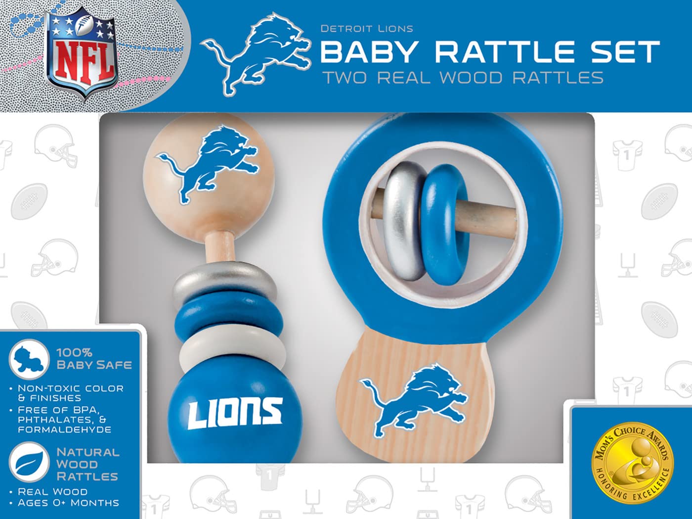 BabyFanatic Wood Rattle 2 Pack - NFL Detroit Lions - Officially Licensed Baby Toy Set